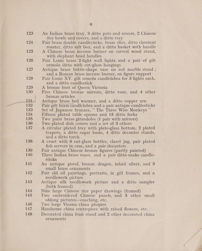 123 124 125 126 127 128 129 130 132 133 134 135 136 137 138 139 140 141 142 143 144 145 146 147 148 § An Indian brass tray, 3 ditto pots and covers, 2 Chinese rice bowls and covers, and a ditto tray Pair brass double candlesticks, brass slice, ditto chestnut roaster, ditto salt box, and a ditto basket with handle A Chinese brass incense burner on carved wood stand, with elephant head handles Pair Louis brass 2-light wall lights, and a pair of gilt ormolu ditto with cut-glass hangings Antique brass bottle-shape vase on red marble stand ; and a Roman brass incense burner, on figure support Pair Louis XV. gilt ormolu candlelabra for 3 lights each, and a ditto candlestick A bronze bust of Queen Victoria Five Chinese bronze mirrors, ditto vase, and 4 other bronze articles Antique brass bed warmer, and a ditto copper urn Pair gilt brass candlelabra and a pair antique candlesticks Set of Japanese bronzes, ‘‘ The Three Wise Monkeys ” Fifteen plated table spoons and 15 ditto forks Two pairs brass girandoles (1 pair with mirrors) Two plated dish covers and a set of 3 others A circular plated tray with plate-glass bottom, 2 plated teapots, a ditto sugar basin, 4 ditto decanter stands, and a ditto torch A cruet with 6 cut-glass bottles, claret jug, pair Lepe fish servers in case, and a pair decanters Pair antique Chinese bronze figures (partly painted) Three Indian brass vases, and a pair ditto snake candle- sticks An antique pistol, bronze dragon, inlaid silver, and 3 small brass ornaments Pair old oil paintings, portraits, in gilt frames, and a needlework picture Antique silk needlework picture and a ditto sampler (both framed) Nine large Chinese rice paper drawings (framed) Two embroidered Chinese panels, and 5 other small oblong pictures—coaching, etc. Two large Vienna china plaques Handsome china centrepiece with raised flowers, etc. Decorated china fruit stand and 2 other decorated china ornaments