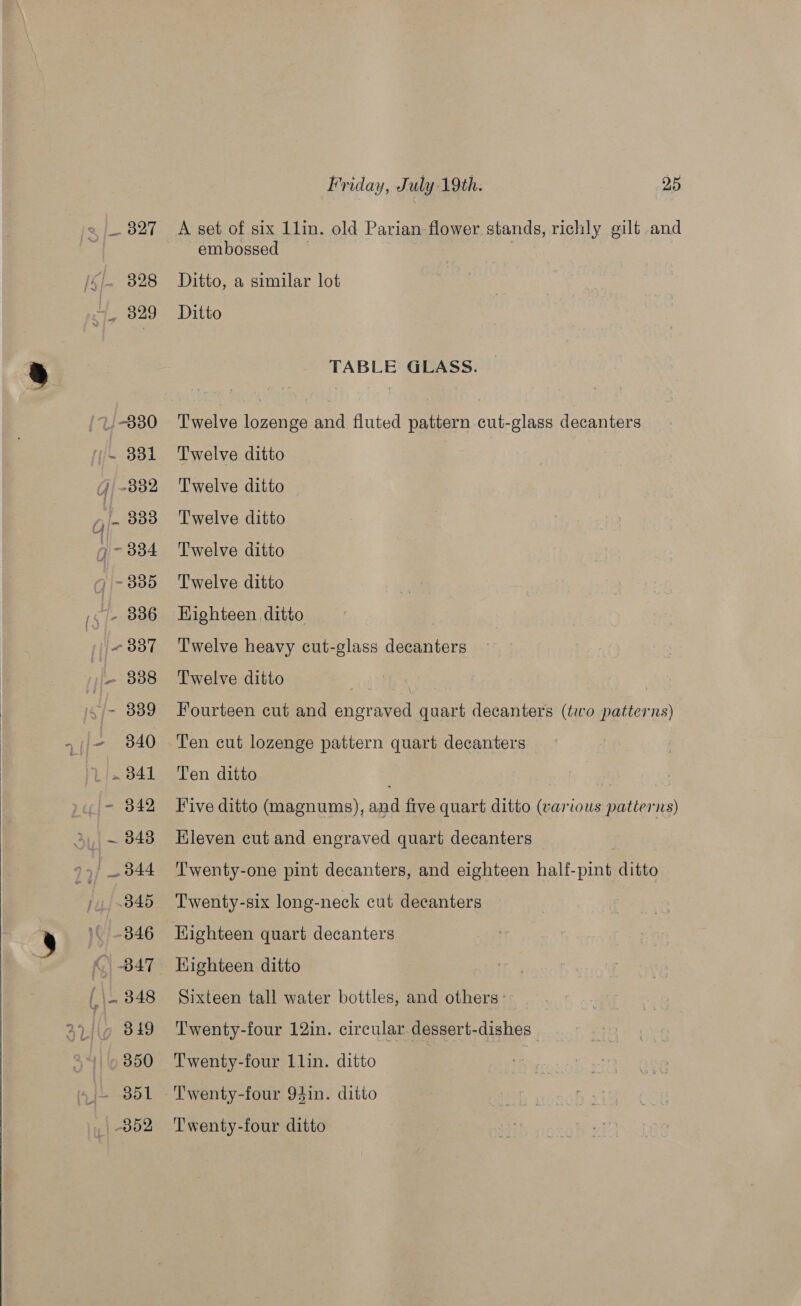  A set of six 11lin. old Parian- flower stands, richly gilt and embossed _ | Ditto, a similar lot TABLE GLASS. Twelve lozenge and fluted pattern cut-glass decanters Twelve ditto Twelve ditto Twelve ditto Twelve ditto Twelve ditto Highteen ditto | Twelve heavy cut-glass decanters Twelve ditto Mad Fe ! Fourteen cut and engraved quart decanters (two patterns) Ten cut lozenge pattern quart decanters Ten ditto Five ditto (magnums), and five quart ditto (various patterns) Eleven cut and engraved quart decanters T'wenty-one pint decanters, and eighteen half-pint ditto Twenty-six long-neck cut decanters Highteen quart decanters Kighteen ditto Sixteen tall water bottles, and others: Twenty-four 12in. circular. dessert-dishes Twenty-four 11in. ditto Twenty-four 94in. ditto Twenty-four ditto