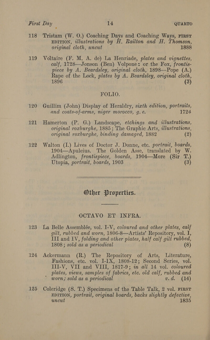 118 Tristam (W. 0.) Coaching Days and Coaching Ways, First EDITION, tlustrations by H. Railton and H. Thomson, original cloth, uncut 1888 119 Voltaire (F. M. A. de) La Henriade, plates and vignettes, calf, 1728—Jonson (Ben) Volpone: or the Fox, frontis- piece by A. Beardsley, original cloth, 1898—Pope (A.) Rape of.the Lock, plates by A. Beardsley, original cloth, 1896 (3) FOLIO. 120 Guillim (John) Display of Heraldry, sixth edition, portraits, . and coats-of-arms, niger morocco, q. é. 1724 121 Hamerton (P. G.) Landscape, etchings and illustrations, original roxburghe, 1885; The Graphic Arts, iWlustrations, original roxburghe, binding damaged, 1882 (2) 122 Walton (I.) Lives of Doctor J. Donne, ete. portrait, boards, 1904—Apuleius. The Golden Asse, translated by W. Adlington, frontispiece, boards, 1904—More (Sir T.) Utopia, portrait, boards, 1903 (3)  Other Properties. OCTAVO ET INFRA. 123 La Belle Assemblée, vol. I-V, coloured and other plates, calf gilt, rubbed and worn, 1806-8—Artists’ Repository, vol. I, IIt and LV, folding and other plates, half calf gult rubbed, 1808 ; sold as a periodical (8 ) 124 Ackermann (R.) The Repository of Arts, Literature, Fashions, etc. vol. I-IX, 1808-12; Second Series, vol. III-V, VII and VIII, 1817-9; im all 14 vol. coloured plates, views, samples of fabrics, etc. old calf, rubbed and worn; sold as a periodical v.d. (14) 125 Coleridge (S. T.) Specimens of the Table Talk, 2 vol. FIRST EDITION, portrait, original boards, backs slightly defective, uncut