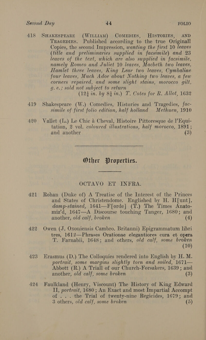 418 SHAKESPEARE (WILLIAM) COMEDIES, HISTORIES, AND TRAGEDIES. Published according to the true Originall Copies, the second Impression, wanting the first 10 leaves (title and preliminaries supplied in facsimile) and 23 leaves of the text, which are also supplied in facsimile, namely Romeo and Juliet 10 leaves, Macbeth two leaves, flamlet three leaves, King Lear two leaves, Cymbaline four leaves, Much Adoe about Nothing two leaves, a few corners repaired, and some slight stains, morocco gilt, g.e.s; sold not subject to return (124 in. by 841n.) T. Cotes for R. Allot, 1632 419 Shakespeare (W.) Comedies, Histories and Tragedies, fac- simile of first folio edition, half holland Methuen, 1910 420 Vallet (L.) Le Chic a Cheval, Histoire Pittoresque de l Kqui- tation, 2 vol. coloured illustrations, half morocco, 1891; and another (3)  Other Properties. OCTAVO ET INFRA. 421 Rohan (Duke of) A Treatise of the Interest of the Princes and States of Christendome. Englished by H. H[unt], damp-stained, 1641—F[orde] (T.) The Times Anato- miz’d, 1647—-A Discourse touching Tanger, 1680; and another, old calf, broken (4) 422 Owen (J. Oxoniensis Cambro. Britanni) Kpigrammatum libri tres, 1612—Phrases Orationae elegantiores cura et opera T. Farnabii, 1648; and others, old calf, some broken (10) 423 Krasmus (D.) The Colloquies rendered into English by H. M. portrait, some margins slightly torn and soled, 1671— Abbott (R.) A Triall of our Church-Forsakers, 1639 ; and another, old calf, some broken (3) 424 Faulkland (Henry, Viscount) The History of King Edward II, portrait, 1680 ; An Exact and most Impartial Accompt of . . . the Trial of twenty-nine Regicides, 1679; and 3 others, old calf, some broken (5)