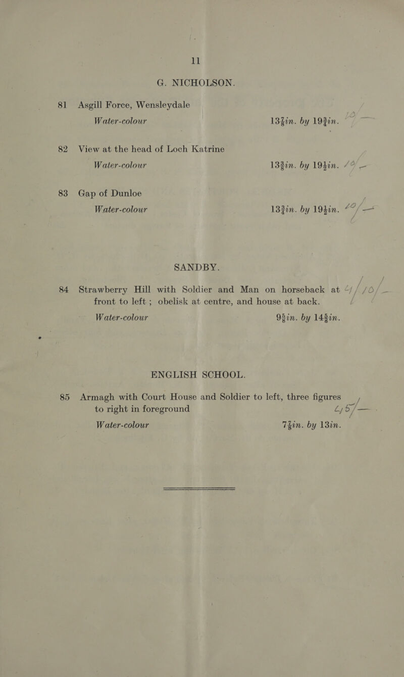 8] 82 83 84 11 G. NICHOLSON. Asgill Force, Wensleydale Water-colour 13fin. by 1930n. View at the head of Loch Katrine Water-colour 133on. by 194in. 79 — Gap of Dunloe Water-colour 133in. by 194in. 79/ — SANDBY. Strawberry Hill with Soldier and Man on horseback at “// /O front to left ; obelisk at centre, and house at back. Water-colour 931m. by 143.n. ENGLISH SCHOOL. 85 Armagh with Court House and Soldier to left, three figures to right in foreground £,5/— .