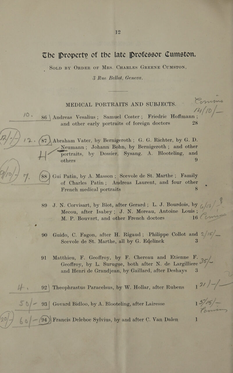 The Property of the late Professor Cumston. Sop BY ORDER OF Mrs. CHARLES GREENE CUMSTON, 3 Rue Bellot, Geneva. MEDICAL PORTRAITS AND SUBJECTS. — retire JO Tt} ig /D / nie: rae tae __86 \ Andreas Vesalius ; Samuel Coster; Friedric Hoffmann ; / . and other early portraits of foreign doctors 28 G so eae GE (7) Abraham Vater, by Bernigeroth ; G. G. Richter, by G. D. nm » Neumann; Johann Bohn, by Bernigeroth ; and other A = : :; ; ; y |< portraits, by Dossier, Sysang, A. Blooteling, and others 9 ly ; ; EN ‘ : Hf 2 hee A, ] (88 ) Gui Patin, by A. Masson ; Scevole de St. Marthe ; Family enna of Charles Patin; Andreas Laurent, and four other French medical portraits . 8 89 J. N. Corvisart, by Blot, after Gerard; L. J. Bourdois, by i to f Mecou, after Isabey; J. N. Moreau, Antoine Louis; t KS M. P. Bouvart, and other French doctors “b6-C tae : fe 90 Guido, C. Fagon, after H. Rigaud; Philippe Collot and a/ 16/ Scevole de St. Marthe, all by G. Edelinck 3. ee 91 Matthieu, F. Geoffroy, by F. Chereau and Etienne F. 3 Geoffroy, by L. Surugue, both after N. de Largilliere 3 of and Henri de Grandjean, by Gaillard, after Deshays 3 A Uy : 92 | Theophrastus Paracelsus, by W. Hollar, after Rubens 1 af / we ——4 > Q/- 93 | Govard Bidloo, by A. Blooteling, after Lairesse 1 S74 6/ = 2 \ — : a oat 2F { a | — (94 Y) Francis Deleboe Sylvius, by and after C. Van Dalen 1 a