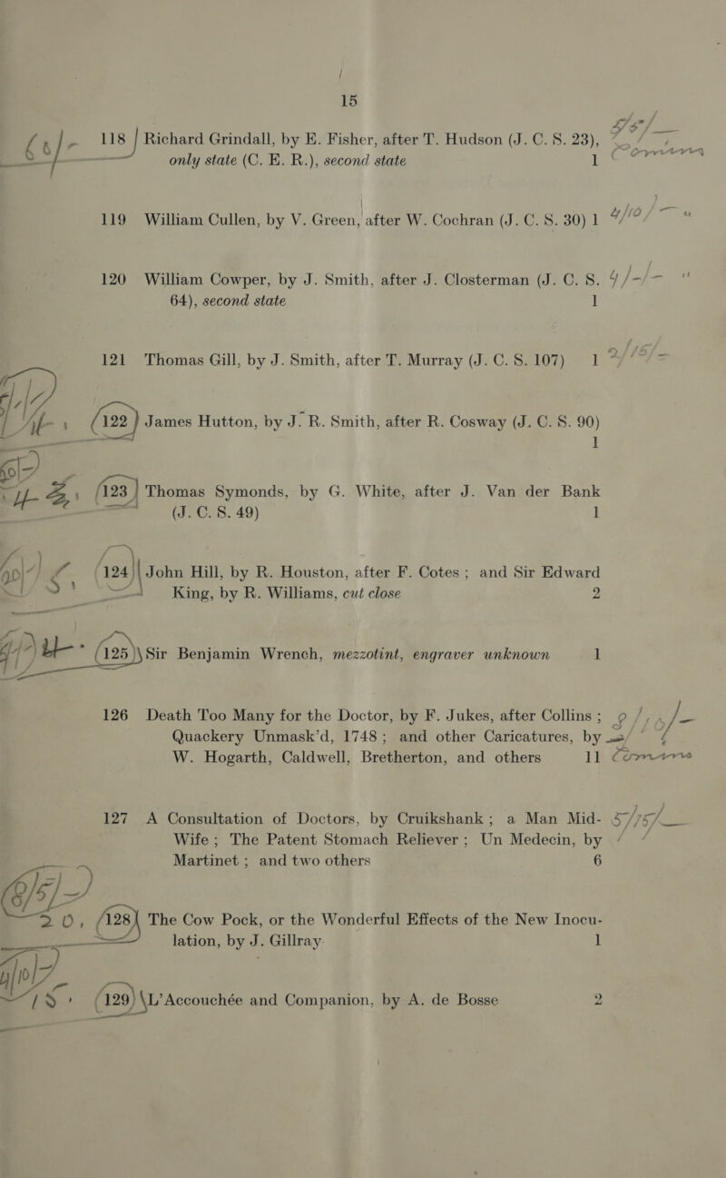 ‘§ J ~ 118 | Richard Grindall, by E. Fisher, after T. Hudson (J. C.S. 23), 119 William Cullen, by V. Green, after W. Cochran (J.C. 8. 30) 1 4 fro 64), second state 1 At ; (122) James Hutton, by J. R. Smith, after R. Cosway (J. C. S. 90) aes 1 ae a Le 3, (128 ] Thomas Symonds, by G. White, after J. Van der Bank eI. C-S: 49) l A a ‘va)\s ohn Hill, by R. Houston, after F. Cotes ; and Sir Edward oY ae ' Shave King, by R. Williams, cut close 2 3 . a ), i (125)) sin Benjamin Wrench, mezzotint, engraver unknown 1 lS 126 Death Too Many for the Doctor, by F. Jukes, after Collins ; £ Quackery Unmask’d, 1748; and other Caricatures, by = W. Hogarth, Caldwell, Bretherton, and others ll Commer Wife ; The Patent Stomach Reliever ; Un Medecin, by ages Martinet ; and two others 6 a Wy, &gt; 1), £128) The Cow Pock, or the Wonderful Effects of the New Inocu- Sa eit lation, by uy Gillray. ] yf Ae Ss , (229) Su Accouchée and Companion, by A. de Bosse — bo