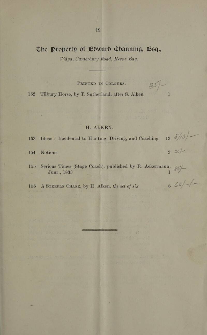 152 153 154 156 19 The Property of Boward Channing, Lsq., Vidya, Canterbury Road, Herne Bay. PRINTED IN COLOURS. 0 4° Tilbury Horse, by T. Sutherland, after S. Alken H. ALKEN. Ideas: Incidental to Hunting, Driving, and Coaching Notions 13 J/0)— A STEEPLE CHasg, by H. Alken, the set of six