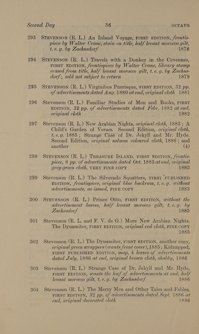 294 297 299 300 301 303 304 piece by Walter Crane, stain on title, half levant morocco gilt, t.e.g. by Zaehnsdorf | 1878 STEVENSON (R. L.) Travels with a Donkey in the Cevennes, FIRST EDITION, frontispiece by Walter Crane, library stamp erased from title, half levant morocco gilt, t. e.g. by Zaehns- dorf ; sold not subject to return : 1879 STEVENSON (R. L.) Virginibus Puerisque, FIRST EDITION, 32 pp. of advertisements dated Aug. 1880 at end, original cloth 1881 Stevenson (R. L.) Familiar Studies of Men and Books, FIRST EDITION, 32 pp. of adver tisements dated Febr. 1882 at end, or inetd, cloth Lind 1882 Stevenson (R. L.) New Arabian Nights, original cloth, 1883; A Child’s Garden of Verses. Second Edition, original cloth, t.e.g. 1885; Strangé Case of Dr. Jekyll and Mr. Hyde. Second Hdition: orig ginal salmon coloured cloth, 1886; and another ie . (4) STEVENSON (R. L.) TREASURE ISLAND, FIRST EDITION, /rontis- piece, 8 pp. of advertisements dated Oct. 1883 at end, original grey-green cloth, VERY FINE COPY 1883 Stevenson (R. L.) The Silverado Squatters, FIRST PUBLISHED EDITION, jfrontispiece, original blue buckram, t. e.g. without advertisements, as issued, FINE COPY 1883 STEVENSON (R. L.) Prince Otto, FIRST EDITION, without the advertisement leaves, half levant morocco gilt, t.e.g. by Laehnsdorf 1885 Stevenson (R. L. and F. V. de G.) More New Arabian Nights. The Dynamiter, FIRST EDITION, or7ginal red cloth, FINE COPY 1885 Stevenson (R. L.) The Dynamiter, FIRST EDITION, another copy, original green wrappers (wants front cover), 1885; Kidnapped, FIRST PUBLISHED EDITION, map, 4 leaves of advertisements dated July, 1886 at end, original brown cloth, shabby, 1886 Stevenson (R. L.) Strange Case of Dr. Jekyll and Mr. Hyde, FIRST EDITION, wants the leaf of advertisements ati end, half levant morocco gilt, t. e.g. by Zaehnsdorf : 1886 Stevenson (R. L.) The Merry Men and Other Tales and Fables, FIRST EDITION, 32 pp. of advertisements dated Sept. 1886 at end, original decorated cloth 1886