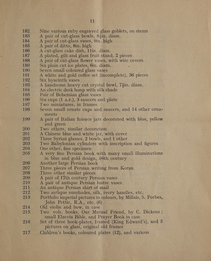 182 184 185 186 187 188 189 190 191 192 193 194 195 196 197 198 199 200 201 203 204 205 206 207 208 210 211 212 214 215 217 11 Nine various ruby engraved glass goblets, on stems A pair of cut-glass bowls, 84in. diam. A pair of cut-glass vases, 9in. high A pair of ditto, 8in. high A cut-glass cake dish, 1lin. diam. A plated, gilt and glass fruit stand, 2 pieces A pair of cut-glass flower vases, with wire covers Six plain cut ice plates, 6in. diam. Seven small coloured glass vases A white and gold coffee set (incomplete), 36 pieces Six hyacinth vases | A handsome heavy cut crystal bowl, 7$in. diam. An electric desk lamp with silk shade Pair of Bohemian glass vases Six cups (1 A.F.), 3 saucers and plate Two miniatures, in frames Seven small ornate cups and saucers, and 14 other orna- ments A pair of Italian faience jars decorated with blue, yellow and green Two others, similar decoration A Chinese blue and white jar, with cover Three Syrian glasses, 2 bowls, and 1 other Two Babylonian cylinders with inscription and figures One other, fine specimen A very fine Persian book with many small illuminations in blue and gold design, 16th century Another large Persian book Three pieces of Persian writing from Koran Three other similar pieces A pair of 17th century Persian vases A pair of antique Persian lustre vases An antique Persian shirt of mail Two antique sunshades, silk, ivory handles, etc. Portfolio imperial pictures in colours, by Millais, S. Forbes, John Pettie, R.A., etc. (6) Old violin and bow, in case Two vols. books, Our Mutual Friend, by C. Dickens ; small Elzevia Bible, and Prayer Book in case Set of three book-plates, framed (King Edward’s), and 3 pictures on glass, original old frames Children’s books, coloured plates (12), and various