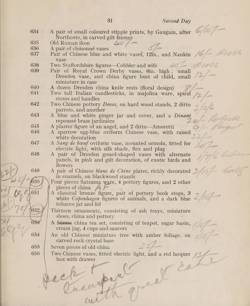 634 A pair of small coloured stipple prints, by Gaugain, after Northcote, in carved gilt frames Old Roman ikon “al f-— io A pair of cloisonné vases | Tam Pair of Chinese blue and white vases, 12in., and Nankin vase Two Staffordshire fie eebbler and wife A) fom Pair of Royal Crown Derby vases, 6in. high; ‘small Dresden vase, and china figure bust of child, small miniature in case A dozen Dresden china knife rests (floral design)  stems and handles Two Chinese pottery Doves, on hard wood stands, 2 ditto parrots, and another 7 A blue and white ginger jar and cover, and a a Dinant — repoussé brass jardiniére jon Col A plaster figure of an angel, and 2 ditto—Amoretti 4 A sparrow egg-blue oviform Chinese vase, with raised | white decoration A Sang de beuf oviform vase, mounted ormolu, fitted for electric light, with silk shade, flex and plug A pair of Dresden gourd-shaped vases with alternate panels, in pink and gilt decoration, of exotic birds and flowers in enamels, on blackwood stands \ Four pieces Satsuma ware, 4 pottery figures, and 2 other pieces of china AFP A classical bronze figure, pair of pottery book stops, 3 | white Copenhagen figures of animals, and a dark blue « / | tobacco jar and lid } | [hirteen ornaments, consisting of ash trays, miniature shoes, china and pottery A Séweres china tea set, consisting of teapot, sugar bat cream jug, 4 cups and saucers An old Chinese miniature tree with amber foliage, on carved rock crystal base Seven pieces of old china Two Chinese vases, fitted electric tiie, and a red lacquer box with drawer 