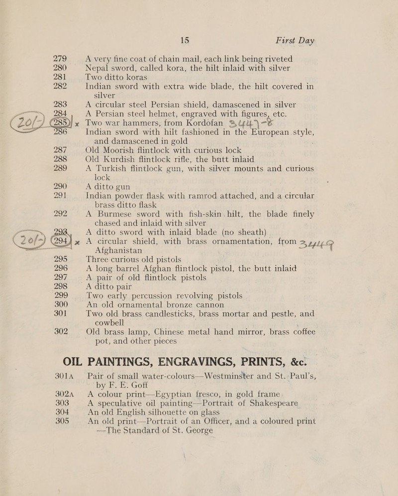 279 Avery fine coat of chain mail, each link being riveted 280 Nepal sword, called kora, the hilt inlaid with silver 281 Two ditto koras 282 Indian sword with extra wide blade, the hilt covered in silver 283 A circular steel Persian shield, damascened in silver — Ty, ot A Persian steel helmet, engraved with figures etc. Indian sword with hilt fashioned in the area op and damascened in gold 287 Old Moorish flintlock with curious lock 288 Old Kurdish flintlock rifle, the butt inlaid 289 A Turkish flintlock gun, with silver mounts and curious lock 290 A ditto gun 29) Indian powder flask with ramrod attached, and a circular brass ditto flask 292 A Burmese sword with fish-skin. hilt, the blade eM chased and inlaid with silver ce “~, 293 A ditto sword with inlaid blade (no sheath) 4) 2 A circular shield, with brass ornamentation, from 2, LUE a Afghanistan . ) 299 Three curious old pistols 296 A long barrel Aighan flintlock pistol, the butt inlaid 297 » A pair of old flintlock pistols 298 A ditto pair 299 Two early percussion revolving pistols 300 An old ornamental bronze cannon 301 Two old brass candlesticks, brass mortar and pestle, and cowbell 302 Old brass lamp, Chinese metal hand mirror, brass coffee pot, and other pieces OIL PAINTINGS, ENGRAVINGS, PRINTS, &amp;c: 3014 Pair of small water-colours—Westminster and St. Paul’s, by FE. Goti : 302A &lt;A colour print—Egyptian fresco, in gold frame 303 A speculative oil painting—Portrait of Shakespeare 304 An old English silhouette on glass 305 An old print—Portrait of an Officer, and a coloured catia’ —-The Standard of St, George
