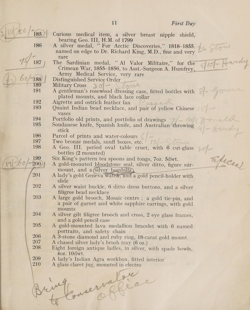 186 Ar TS 187 } 205 206 F207 \ 208 \ \ 209 \210  11 First Day bearing Geo. III, H. M. of 1799 ; A silver medal, “For Arctic Discoveries,’ 1818-1855, named on edge to Dr. Richard King, M.D., fine and very rare The Sardinian medal, “Al Valor Militaire,”’ Army Medical Service, very rare Military Cross A gentleman’s rosewood aes case, fitted bottles aan plated mounts, and black lace collar Aigrette and ostrich feather fan Quaint Indian bead necklace, and pair of yellow SNe vases Portfolio old prints, and portfolio of drawings Soudanese knife, Spanish knife, and Australian throwing stick Parcel of prints and water-colours Two bronze medals, snuff boxes, etc. Geo. TIT. period oval table cruet, with 6 cut-glass bottles (2 mounted) Six King’s pattern tea spoons and tongs, 7oz. 5dwt. A gold-mounted bloodstone seal, silver ditto, Beure sur- mount, and a/silver t_bombillay A lady’s gold Geneva’ reread a gold pencil- holder with slide A silver waist buckle, 6 ditto dress buttons, and a suver filigree bead necklace A large gold brooch, Mosaic centre ; a gold tie-pin, and a pair of garnet and white sapphire earrings, with gold mounts A silver gilt filigree brooch and cross, and a gold pencil case A gold-mounted lava medallion bracelet with 6 named portraits, and safety chain A 3-stone diamond and ruby ring, 18-carat gold mount A chased silver lady’s brush. tray (6 02.) Fight foreign antique ladles, in silver, with spade bowls, 40z. 10dwt. A lady’s Indian Agra workbox, fitted interior A glass claret jug, mounted in electro 2 eye glass frames, Re Ye?