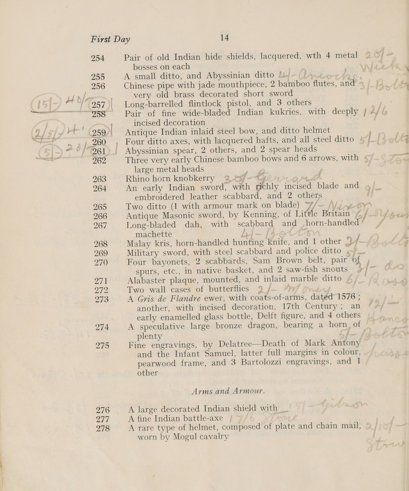 254 255 256 262 263 264 265 266 207 268 269 270 27k 272 273 274 275 276 277 278 Pair of old Indian hide shields, lacquered, wth 4 metal bosses on each A small ditto, and Abyssinian ditto 4. very old brass decorated short sword Long-barrelled flintlock pistol, and 3 others incised decoration Antique Indian inlaid steel bow, and ditto helmet Four ditto axes, with lacquered hafts, and all steel ditto Abyssinian spear, 2 others, and 2 spear heads large metal heads —- Rhino horn knobkerry 2 esf--ty. &gt; Mkt An early Indian sword, with richly incised blade and embroidered leather scabbard, and 2 others Two ditto (1 with armour mark on blade) 7/~ Long-bladed dah, with scabbard and horn-handled ’ machette h|— [¢ At : Malay kris, horn-handled hunting knife, and 1 other VY. Military sword, with steel scabbard and police ditto , spurs, ete.) Mm native basket, and 2 saw-fish snouts Alabaster plaque, mounted, and inlaid marble ditto 4, Two wall cases of butterflies 9, | 4 A Gris de Flandre ewer, with coats-of-arms, datéd™1576 ; another, with incised decoration, 17th Century; an A speculative large bronze dragon, bearing a horn, of plenty b fue J Fine engravings, by Delatree—Death of Mark Antony and the Infant Samuel, latter full margins in colour, pearwood frame, and 3 Bartolozzi engravings, and 1 other Arms and Armour. A large decorated Indian shield with _ A fine Indian battle-axe A rare type of helmet, composed of plate and chain mail, worn by Mogul cavalry Sab
