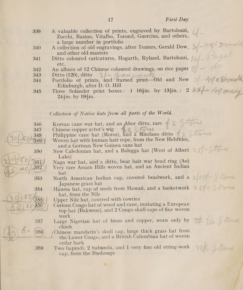 339 340 34] 342 343 344 345 17 First Day A valuable collection of prints, engraved by Bartolozzi, Zocchi, Basino, Vitalbo, Torond, Guercius, and others, a large number in portfolio A collection of old engravings, after Teniers, Gerald Dow, and other old masters Cte: An album of 12 Chinese coloured drawings, on rice paper Ditto (120), ditto j~ 4 Portfolio of prints, and framed print—Old and New Edinburgh, after D. O. Hill 244in. by 194in.. Korean cane war hat, and an Abor ditto, rare - Chinese copper actor's wig “4, 4 try tAd | Philippine cane hat (Moros), and a Mindano ditto ~ Woven hat with human hair rope, from the New Hebrides, and a German New Guinea cane hat New Caledonian hat, and a Balegga hat (West of Albert Lake) Naga war hat, and a ditto, bear hair war head ring (Ao) Very rare Assam Hills woven hat, and an Ancient Indian hat North American Indian cap, covered beadwork, and a Japanese grass hat Haussa hat, cap of seeds from Hawaii, and a basketwork hat, from the Nile Upper Nile hat, covered with cowries Curious Congo hat of wood and cane, imitating a European top hat (Bakwese), and 2 Congo skull caps of fine woven work : Large Nigerian hat of brass and copper, worn only by chiefs the Lower Congo, and a British Columbian hat of woven cedar bark Two bapindi, 2 babunda, and | very fine old string-work cap, from the Bushongo ‘e,