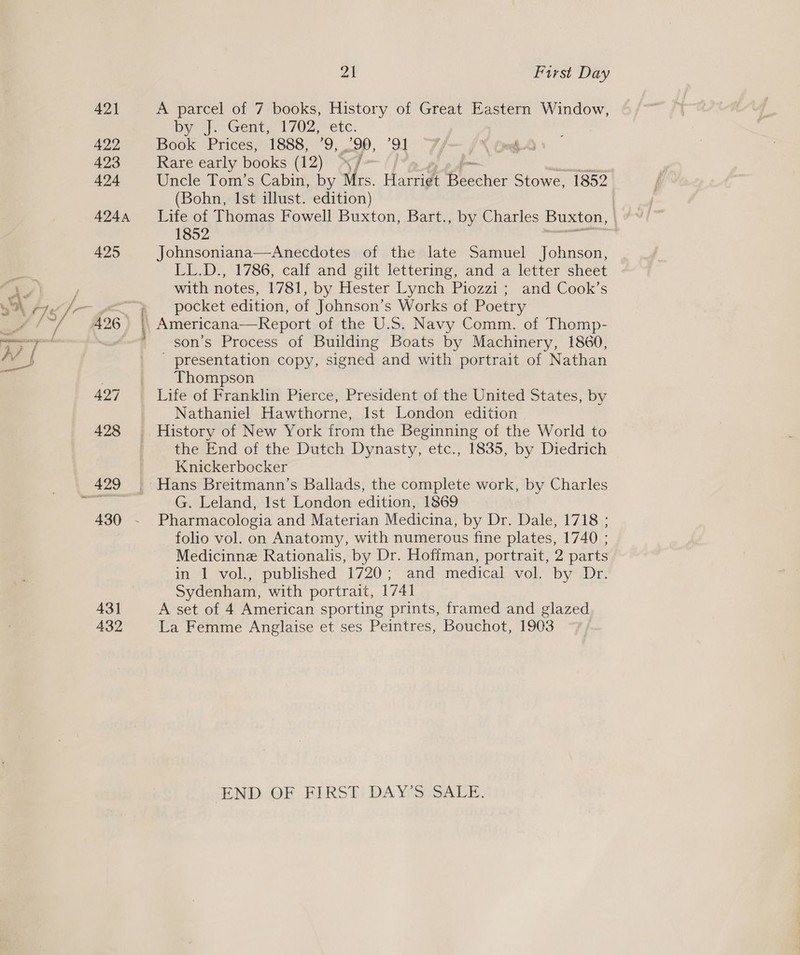 422 423 424 A244 425 SAK OO” af] / = fi26 427 428 il 431 432 ‘ E ‘ &amp; 4) First Day by -j. Gent, 1702, etc. Book Prices? 1883, 9, 2), “9 Rare early books (12) J Uncle Tom’s Cabin, by Mrs. Harrigt Becher Stowe, 1852 (Bohn, Ist illust. edition) Life of Thomas Fowell Buxton, Bart., by Charles Buxton, | 1852 Johnsoniana—Anecdotes of the late Samuel Johnson, LL.D., 1786, calf and gilt lettering, and a letter sheet with notes, 1781, by Hester Lynch Piozzi; and Cook’s pocket edition, of Johnson’s Works of Poetry son’s Process of Building Boats by Machinery, 1860, ' presentation copy, signed and with portrait of Nathan Thompson Life of Franklin Pierce, President of the United States, by Nathaniel Hawthorne, Ist London edition History of New York from the Beginning of the World to the End of the Dutch Dynasty, etc., 1835, by Diedrich Knickerbocker Hans Breitmann’s Ballads, the complete work, by Charles G. Leland, Ist London edition, 1869 Pharmacologia and Materian Medicina, by Dr. Dale, 1718 ; folio vol. on Anatomy, with numerous fine plates, 1740 ; Medicinne Rationalis, by Dr. Hoffman, portrait, 2 parts in 1 vol., published 1720; and medical vol. by Dr. Sydenham, with portrait, 1741 A set of 4 American sporting prints, framed and glazed La Femme Anglaise et ses Peintres, Bouchot, 1903 END.OEF .FLRST! DA YES SALE.