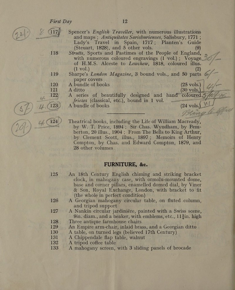 118 125 126 127 128 129 130 131 132 133 Spencer's English Traveller, with numerous illustrations and maps ; Antiquitates Sarisburienses, Salisbury, 1771 ; Lady’s Travel in Spain, 1717; Planten’s Guide (Steuart, 1828), and 5 other vols. (9) Strutts, Sports and Pastimes of the People of England, 2 qr with numerous coloured engravings (1 vol.) ; Voyage. °@ /.-= of H.M.S. Alceste to Lewchew, 1818, coloured te (1 vol.) Sharpe’s London Magazine, 3 bound vols., and 50 parts g hi paper covers A bundle of books (25 vols. a fe A ditto (30 vols. friezes (classical, etc.), bound in 1 vol. A bundle of books (24 vor ao [ J Lavegs Theatrical books, including the Life of William Macrae by W. T. Price, 1894; Sir Chas. Wyndham, by Pem- berton, 20 illus., 1904 ; From The Bells. to King Arthur, by Clement Scott, illus., 1897; Memoirs of Henry Compton, by Chas. and Edward Sompion; 1879, and 28 other volumes FURNITURE, &amp;c. An 18th Century English chiming and striking bracket clock, in mahogany case, with ormolu-mounted dome, base and corner pillars, enamelled domed dial, by Viner &amp; Son, Royal Exchange, London, with bracket to fit (the whole in perfect condition) A Georgian mahogany circular table, on fluted column, and tripod support A Nankin circular jardiniére, painted with a Swiss scene, 9in. diam., and a beaker, with emblems, etc., 114in. high Three antique farmhouse chairs An Empire arm-chair, inlaid brass, and a Georgian ditto | A table, on turned legs (believed 17th Century) A Chippendale flap table, walnut A tripod coffee table A mahogany screen, with 3 sliding panels of brocade