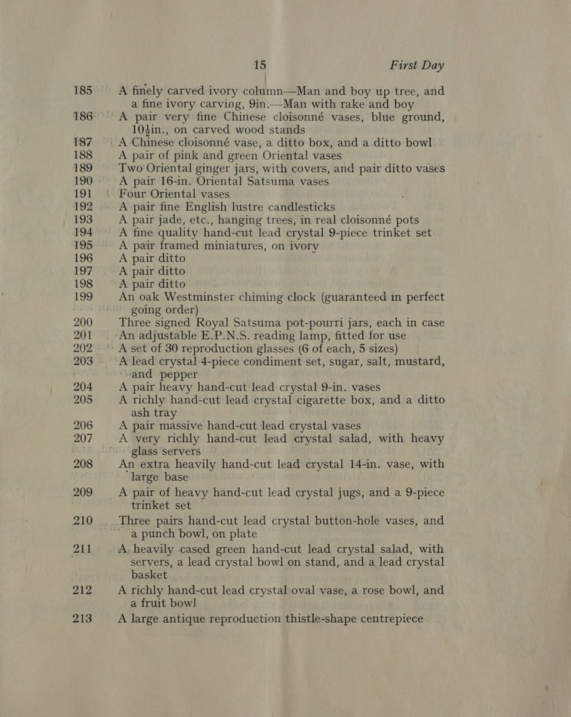 A finely carved ivory column—Man and boy up tree, and a fine ivory carving, 9in.—Man with rake and boy A pair very fine Chinese cloisonné vases, blue ground, 104in., on carved wood stands A pair of pink and green Oriental vases Two’ Oriental ginger jars, with covers, and pair ditto vases A pair 16-in. Oriental Satsuma vases Four Oriental vases A pair fine English lustre candlesticks A pair jade, etc., hanging trees, in real cloisonné pots A fine quality hand-cut lead crystal 9-piece trinket set A pair framed miniatures, on ivory A pair ditto A pair ditto A pair ditto An oak Westminster chiming clock (guaranteed in perfect going order) Three signed Royal Satsuma pot-pourri jars, each in case ‘sand pepper A pair heavy hand-cut lead crystal 9-in. vases A richly hand-cut lead crystal cigarette box, and a ditto ash tray | A pair massive hand-cut lead crystal vases glass servers An extra heavily hand-cut lead crystal 14-in. vase, with large base A pair of heavy hand-cut lead crystal jugs, and a 9-piece trinket set a punch bowl, on plate servers, a lead crystal bowl on stand, and a lead crystal basket A richly hand-cut lead crystal oval vase, a rose bowl, and a fruit bowl A large antique reproduction thistle-shape centrepiece