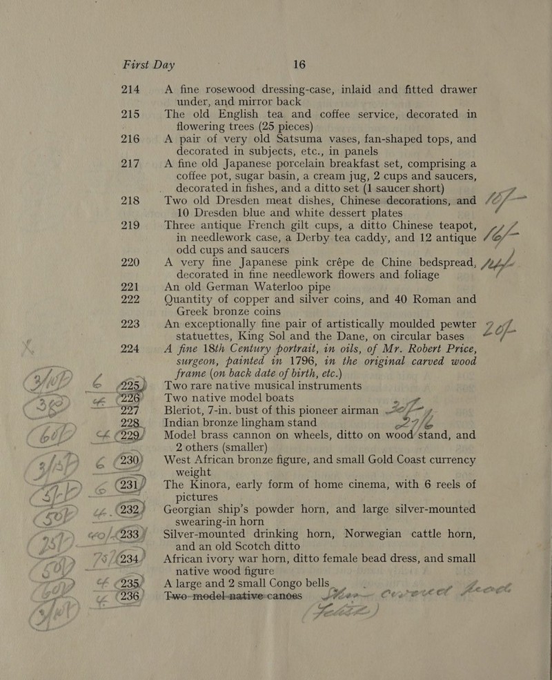 214 215 216 217 218 219 220 221 222 223 224 > my A fine rosewood dressing-case, inlaid and fitted drawer under, and mirror back The old English tea and coffee service, decorated in flowering trees (25 pieces) A pair of very old Satsuma vases, fan-shaped tops, and decorated in subjects, etc., in panels A fine old Japanese porcelain breakfast set, comprising a coffee pot, sugar basin, a cream jug, 2 cups and saucers, decorated in fishes, and a ditto set (1 saucer short) Two old Dresden meat dishes, Chinese decorations, and 10 Dresden blue and white dessert plates Three antique French gilt cups, a ditto Chinese teapot, in needlework case, a Derby tea caddy, and 12 antique odd cups and saucers A very fine Japanese pink crépe de Chine bedspread, decorated in fine needlework flowers and foliage An old German Waterloo pipe Quantity of copper and silver coins, and 40 Roman and Greek bronze coins An exceptionally fine pair of artistically moulded pewter statuettes, King Sol and the Dane, on circular bases A fine 18th Century portrait, in oils, of Mr. Robert Price, surgeon, painted in 1796, in the original carved wood frame (on back date of birth, etc.) Two rare native musical instruments Two native model boats Bleriot, 7-in. bust of this pioneer airman .“< Mg t Indian bronze lingham stand Model brass cannon on wheels, ditto on wood fend and 2 others (smaller) West African bronze figure, and small Gold Coast currency weight The Kinora, early form of home cinema, with 6 reels of pictures Georgian ship's powder horn, and large silver-mounted swearing-in horn Silver-mounted drinking horn, Norwegian cattle horn, and an old Scotch ditto African ivory war horn, ditto female bead dress, and small native wood figure A large and 2 small Congo bells oS ae cat Two-modelnativecances jie Cea ere et léf- lof x of-