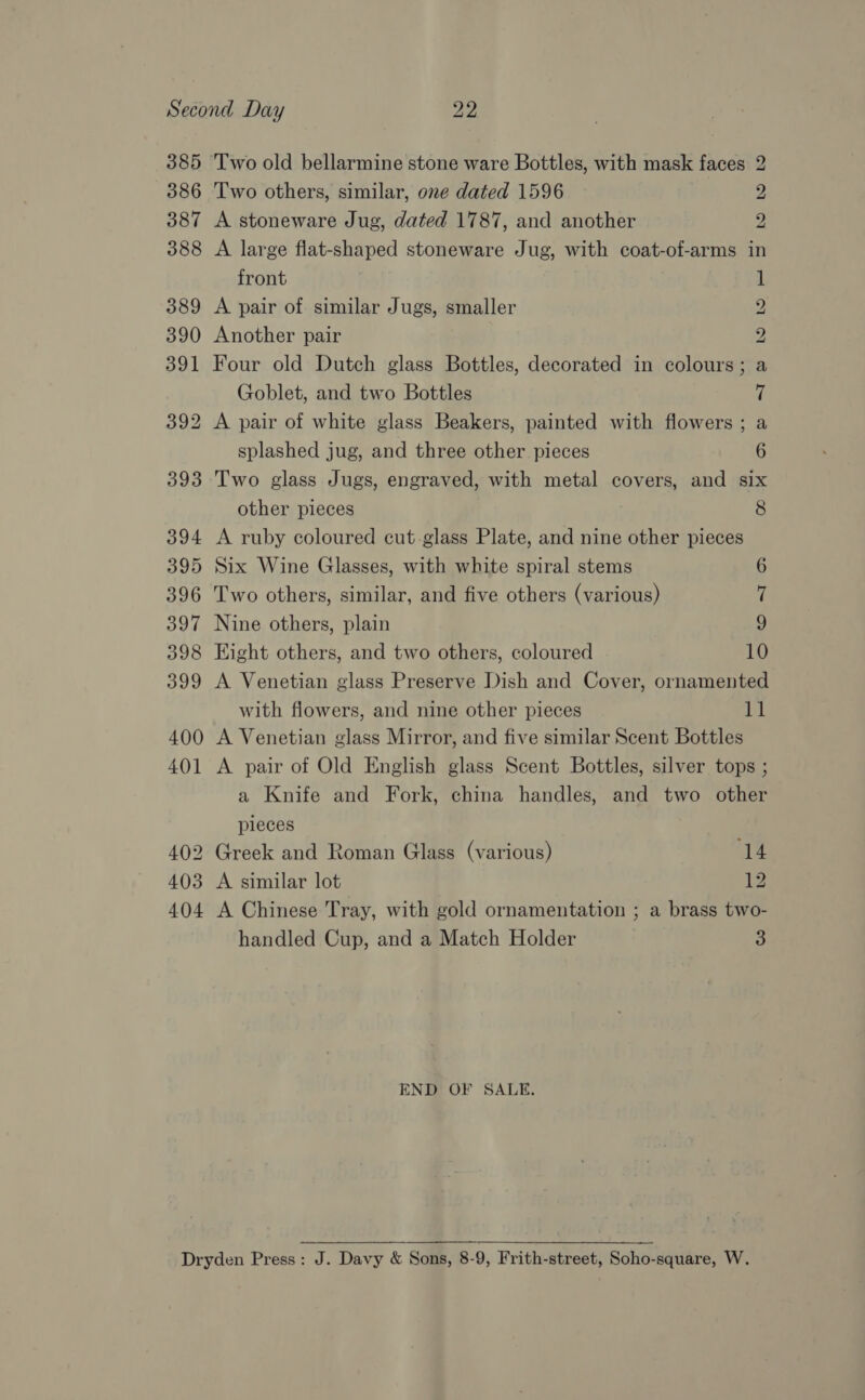385 Two old bellarmine stone ware Bottles, with mask faces 2 386 ‘Two others, similar, one dated 1596 2 387 A stoneware Jug, dated 1787, and another 2 388 A large flat-shaped stoneware Jug, with coat-of-arms in tront 1 389 A pair of similar Jugs, smaller 2 390 Another pair 2 391 Four old Dutch glass Bottles, decorated in colours; a Goblet, and two Bottles 7 392 A pair of white glass Beakers, painted with flowers ; a splashed jug, and three other pieces 6 393 Two glass Jugs, engraved, with metal covers, and six other pieces 8 394 A ruby coloured cut glass Plate, and nine other pieces 395 Six Wine Glasses, with white spiral stems 6 396 Two others, similar, and five others (various) 7 397 Nine others, plain 9 398 Eight others, and two others, coloured 10 399 A Venetian glass Preserve Dish and Cover, ornamented with flowers, and nine other pieces a 400 A Venetian glass Mirror, and five similar Scent Bottles 401 A pair of Old English glass Scent Bottles, silver tops ; a Knife and Fork, china handles, and two other pieces 402 Greek and Roman Glass (various) 14 403 A similar lot 12 404 A Chinese Tray, with gold ornamentation ; a brass two- handled Cup, and a Match Holder o END OF SALE. Dryden Press: J. Davy &amp; Sons, 8-9, Frith-street, Soho-square, W.