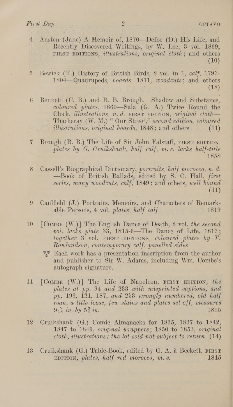 4. 10 Tat 12 13 Austen’ (J ane) A Memoir of, 1870—Defoe (D.) His Life, and Recently Discovered Writings, by W. Lee, 3 vol. 1869, FIRST EDITIONS, wlustrations, orrgynal cloth; and others (10) Bewick (T.) History of British Birds, 2 vol. in 1, calf, 179'7- 1804—-Quadrupeds, boards, 1811, woodcuts; and others 3 | (18) Bennett (C. B.) and R. B. Brough. Shadow and Substance, coloured plates, 1860—Sala (G. A.) Twice Round the Clock, wlustrations, n.d. FIRST EDITION, original cloth— Thackeray (W. M.) “ Our Street,” second edition, coloured illustrations, original boards, 1848; and others (11) Brough (R. B.) The Life of Sir John Falstaff, First EDITION, plates by G. Cruvkshank, half calf, m.e. lacks half-title 1858 Cassell’s Biographical Dictionary, portraits, half morocco, n. d. —Book of British Ballads, edited by S. C. Hall, farst serves, many woodcuts, calf, 1849; and others, well bound (11) Caulfield (J.) Portraits, Memoirs, and Characters of Remark- able Persons, 4 vol. plates, half calf 1819 [Comps (W.)| The English Dance of Death, 2 vol. the second vol. lacks plate 38, 1815-6—The Dance of Life, 1817; together 3 vol. FIRST EDITIONS, coloured plates by T. Rowlandson, contemporary calf, panelled sides * [ach work has a presentation inscription from the author and publisher to Sir W. Adams, including Wm. Combe’s autograph signature. [Compr (W.)| The Life of Napoleon, First EDITION, the plates at pp. 94 and 233 with misprinted captions, and pp. 199, 121, 187, and 253 wrongly numbered, old half roan, a litle loose, few stains and plates set-off, measures 91'6 in. by 5 in. 1815 Cruikshank (G.) Comic Almanacks for 1835, 1837 to 1842, 1847 to 1849, original wrappers; 1850 to 1853, original cloth, illustrations ; the lot sold not subject to return (14) Cruikshank (G.) Table-Book, edited by G. A. a Beckett, Firs EDITION, plates, half red morocco, m. é. 1845