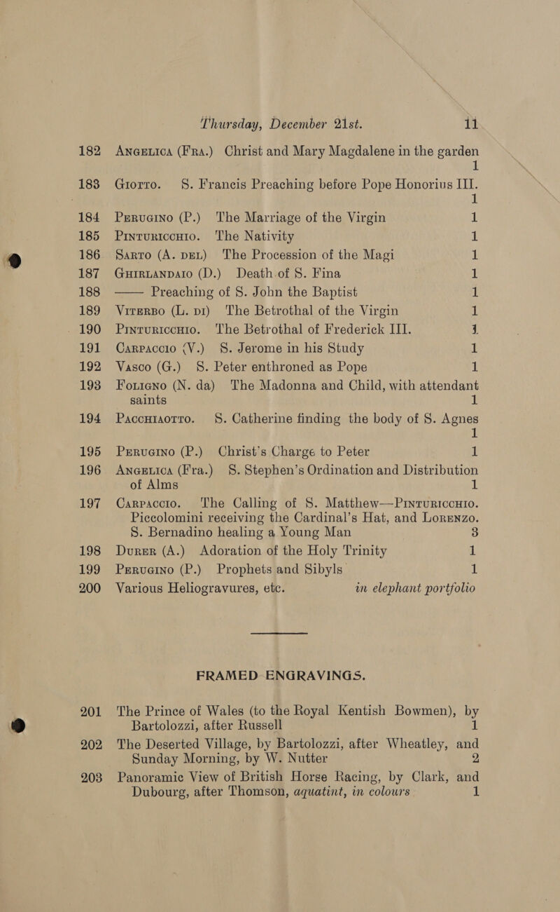 182 183 184 185 186 187 188 189 - 190 191 192 193 194 195 196 197 198 199 200 201 202 203 Thursday, December 2\1st. 11 ANGELICA (F'Ra.) Christ and Mary Magdalene in the garden 1 Giorro. §. Francis Preaching before Pope Honorius III Preruaino (P.) The Marriage of the Virgin Pinturiccuio. The Nativity Sarto (A. DEL) The Procession of the Magi Guiruanpalo (D.) Death.of S. Fina Preaching of 8. John the Baptist VirerBo (L. pr) The Betrothal of the Virgin Pinturiccuio. ‘The Betrothal of Frederick III. Carpaccio (V.) §. Jerome in his Study Vasco (G.) 8. Peter enthroned as Pope Fontiano (N. da) The Madonna and Child, with attendant saints 1  a Paccutaotro. 8. Catherine finding the body of 8. Agnes 1 Prruaino (P.) Christ's Charge to Peter 1 Aneeica (Fra.) §. Stephen’s Ordination and Distribution of Alms 1 Carpaccio. The Calling of 8. Matthew—Pinturiccuio. Piccolomini receiving the Cardinal's Hat, and Lorenzo. S. Bernadino healing a Young Man | 3 Durer (A.) Adoration of the Holy Trinity 1 Prruaino (P.) Prophets and Sibyls: iE Various Heliogravures, etc. wm elephant portfolio FRAMED ENGRAVINGS. The Prince of Wales (to the Royal Kentish Bowmen), by Bartolozzi, after Russell The Deserted Village, by Bartolozzi, after Wheatley, wd Sunday Morning, by W. Nutter Panoramic View of British Horge Racing, by Clark, ve