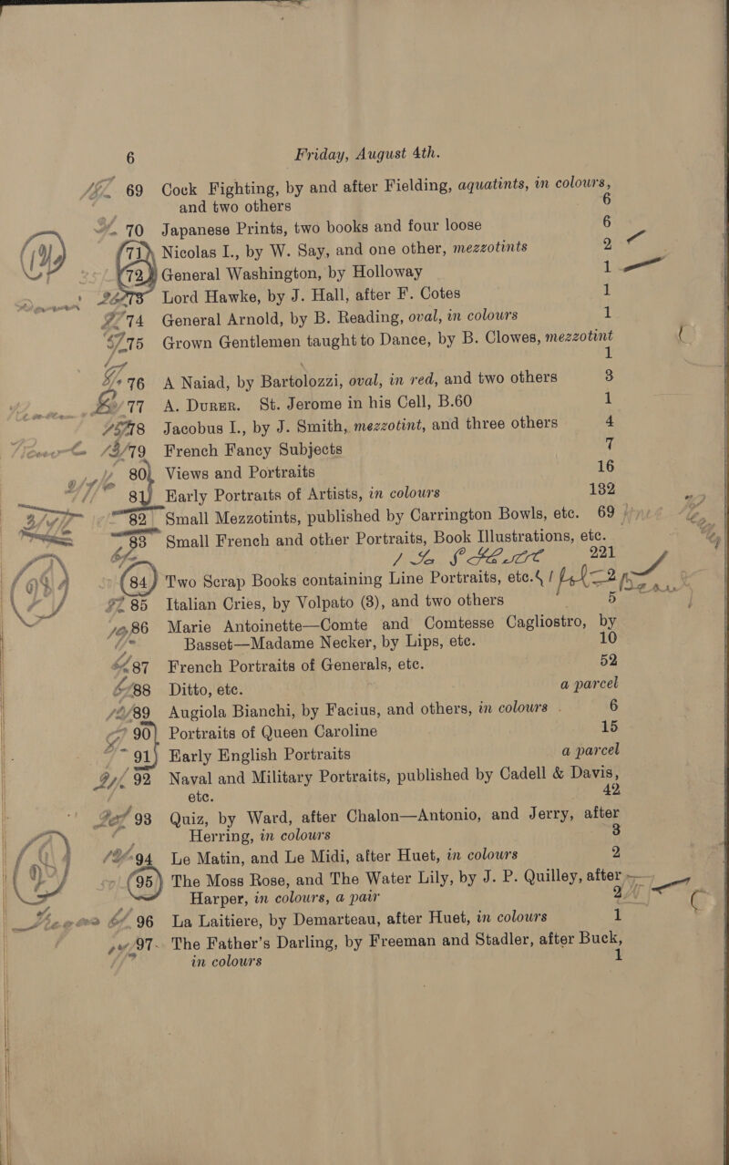  6 Friday, August 4th. J 7h 69 Cock Fighting, by and after Fielding, aquatints, in colours tts and two others | ~. 70 Japanese Prints, two books and four loose \ Nicolas I., by W. Say, and one other, mezzotints +’   me re re pO oO OS     } General Washington, by Holloway a capt ROLLE ' Lord Hawke, by J. Hall, after F. Cotes | g ‘74 General Arnold, by B. Reading, oval, in colours 4 7 ‘75 Grown Gentlemen taught to Dance, by B. Clowes, Aer iaar) ui Y 76 &lt;A Naiad, by ate eee oval, in red, and two others 3 “77 A. Durer. St. Jerome in his Cell, B.60 } 1 WA 8 Jacobus I., by J. Smith, mezzotint, and three others 4 ‘y ‘79 French Fancy Subjects x ely 80, Views and Portraits | 16 Namie. 6. 81) Early Portraits of Artists, in colours 132 oS So ~ 82) Small Mezzotints, published by Carrington Bowls, etc. 69H) 7, ae 5; oa Small French and other Portraits, Book Illustrations, etc. 3 | ¢ LZ AN © Or Jka She 2 iA | { ay, 4 } Two Scrap Books containing Line Portraits, etc.4 / fk fh | | \ A (e's 285 Italian Cries, by Volpato (3), and two others 502 be | ie /o 86 Marie Antoinette—Comte and Comtesse Cagliostro, fi “~ Basset—Madame Necker, by Lips, ete. 10 $37 French Portraits of Generale, ete. | 52 | Z 88 Ditto, etc. a parcel 2 2/89 Augiola Bianchi, by Facius, and others, in colours . 6 | 790) Portraits of Queen Caroline 15 I | ~ 91) Karly English Portraits a parcel by 92 ‘gael and Military Portraits, published by Cadell &amp; eae | Ief 93 Quiz, by Ward, after Chalon—Antonio, and Jerry, after | MAN Herring, in colours 3 f Q : (Ye “94 Le Matin, and Le Midi, after Huet, an colours 2 | | be } The Moss Rose, and The Water Lily, by J. P. Quilley, after ——, | Danae Harper, in colours, a pair 3A pe i FLO &amp; ‘ 96 La Laitiere, by Demarteau, after Huet, in colowrs fi eyZat- The Father’s Darling, by Freeman and Stadler, after Buck,   