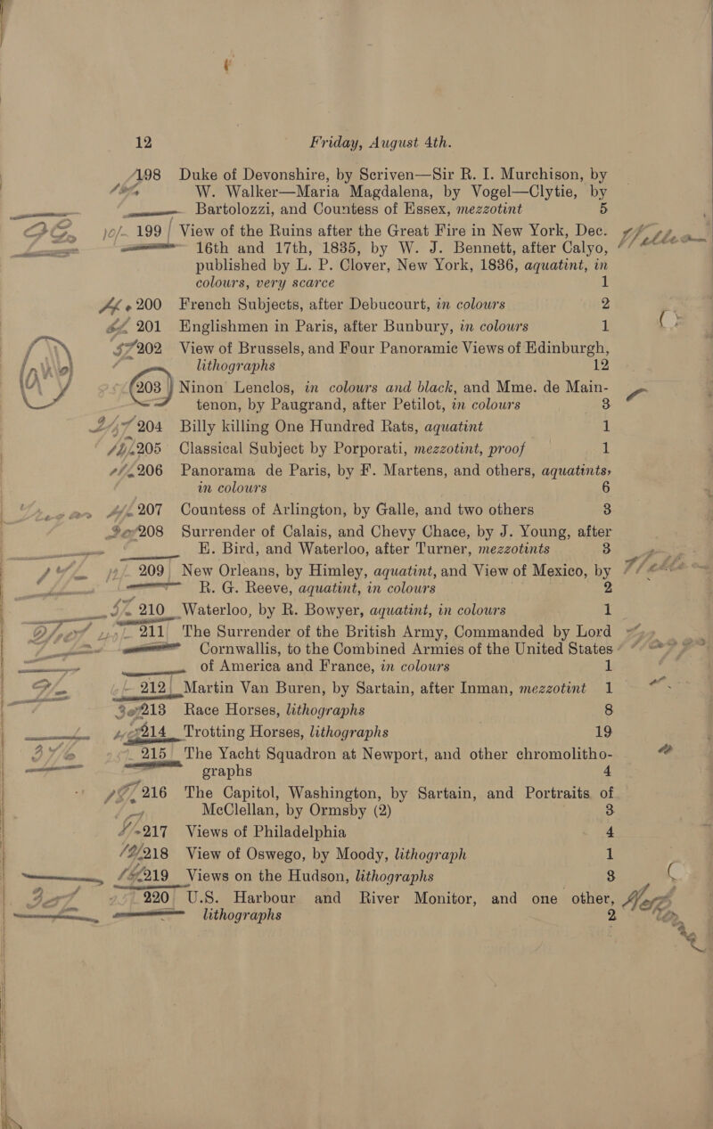 i eel #) 7 St ond 12 Friday, August 4th. 198 Duke of Devonshire, by Scriven—Sir R. I. Murchison, by tin W. Walker—Maria Magdalena, by Vogel—Clytie, by vee Bartolozzi, and Countess of Hssex, mezzotint 5 jo/. 199 | View of the Ruins after the Great Fire in New York, Dec. published by L. P. Clover, New York, 1836, aquatint, in 1 colours, very scarce sy! » 200 French Subjects, after Debucourt, in colowrs ‘a2 ‘201 Englishmen in Paris, after Bunbury, in colowrs 1 7202 View of Brussels, and Four Panoramic Views of Edinburgh, lithographs 12 @ Ninon Lencelos, in colours and black, and Mme. de Main- : “ tenon, by Paugrand, after Petilot, in colours YF 204 Billy killing One Hundred Rats, aquatint | i) Ja.208 Classical Subject by Porporati, mezzotint, proof 1 7/206 Panorama de Paris, by F. Martens, and others, aquatints, wn colours .207 Countess of Arlington, by Galle, and two others 3 »208 Surrender of Calais, and Chevy Chace, by J. Young, after EK. Bird, and Waterloo, after Turner, mezzotints 3 phe Oe: 209 New Orleans, by Himley, aquatint, and View of Mexico, oy wmmo— KR. G. Reeve, aquatint, in colours “210 Waterloo, by R. Bowyer, aquatint, in colowrs : 211 The Surrender of the British Army, Commanded by Lord —— Cornwallis, to the Combined Armies of the United States | of America and France, in colours 1 - 212. Martin Van Buren, by Sartain, after Inman, mezzotint 1 907213 Race Horses, lithographs 8 b Beak Trotting Horses, lithographs 19 215 The Yacht Squadron at Newport, and other chromolitho- graphs i y© 216 The Capitol, Washington, by Sartain, and Portraits of had McClellan, by Ormsby (2) 3 4-217 Views of Philadelphia 4 /2/218 View of Oswego, by Moody, lithograph 1 3 a —_ lithographs &gt;    