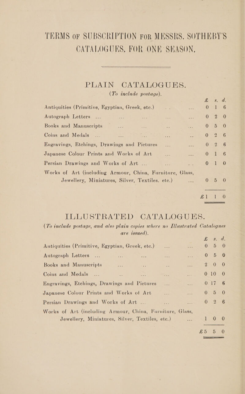 TERMS of SUBSCRIPTION For MESSRS, SOTHEBY'S CATALOGUES, FOR ONE SHASON,    PLAIN CATALOGUES. (To include postage). Ls Antiquities (Primitive, Egyptian, Greek, etc.) Ube 4 as Autograph Letters Oo sat Books and Manuscripts 0 5e40 Coins and Medals 0 7226 Kngravings, Ktchings, Drawings and Pictures ORs =6 Japanese Colour Prints and Works of Art 0 SLRS Persian Drawings and Works of Art ... 0.410 Works of Art (including Armour, China, Furniture, Glass, Jewellery, Miniatures, Silver, Textiles. etc.) 0 5 30 flies ILLUSTRATED CATALOGUES. (To include postage, and also plain copies where no Illustrated Catalogues are issued). LN es Antiquities (Primitive, Egyptian, Greek, ete.) Oyo) ee Autograph Letters ogy 3) Books and Manuscripts 2520220 Coins and Medals 0 10530 Engravings, Etchings, Drawings and Pictures OL7- 36 Japanese Colour Prints and Works of Art OF ome Persian Drawings and Works of Art ... Oo vereb Works of Art (including Armour, China, Furniture, Glass, Jewellery, Miniatures, Silver, Textiles, etc.) ae 1230S ££) Dee