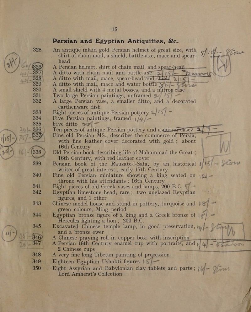 Persian and Egyptian Antiquities, &amp;c. An antique inlaid gold Persian helmet of great size, with at 1c shirt of chain mail, a shield, battle-axe, mace and spear- head A Persian helmet, shirt of chain mail, and spear-   A ditto with mail, mace, spear- By A and s A ditto with mail, mace and water bottles, ‘ A small shield with 4 metal bosses, and a mi ror case Two large Persian paintings, unframed Qj 4; A large Persian vase, a smaller ditto, and a ‘decdetted earthenware dish Eight pieces of antique Persian poten af15) S Five Persian paintings, framed } 4/— Five ditto wx: Ten pieces of antique Persian pottery and a animertase7 | a= Fine old Persian MS., describes the commerce of Pérsia, _ with fine leather cover decorated with gold ; about 16th Century | Old Persian book describing life of Mahammad the Great ; 16th Century, with red leather cover nd | Persian book of the Rauzate-l-Safa, by an historical }/#4/ = 4 writer of great interest ; early 17th Century : Fine old Persian miniature showing a king seated on \ Bad 1° throne with his attendants ; 16th Century Eight pieces of old Greek vases and lamps, 200 B.C. 4, Egyptian limestone head, rare; two unglazed Eeyptian figures, and 1 other if Chinese model house and stand in pottery, turquoise and’ } #7 = green colours, Ming period Egyptian bronze figure of a king and a Greek bronze of | 4 f ” Hercules fighting a lion ; 200 B.C. Excavated Chinese temple lamp, in good Bice ge On im xf f Jee | and a bronze ewer i Vv v A Chinese praying roll in copper box, with inscription nj A Persian 16th Century enamel cup with Bae and nd yay ~o Soe | 2 Chinese cups f A very fine long Tibetan painting of pro ession Eighteen Egyptian Ushabti figures | 5/— Eight Assyrian and Babylonian clay tablets and parts ; 1 = Lord .Amherst’s Collactign Ee mamanas eee iy AIOE een: 4