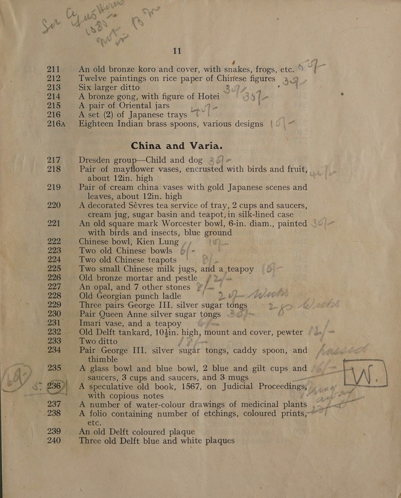 4 An old bronze koro and cover, with snakes, frogs, etc. ~ Twelve paintings on rice paper of Chinese figures | a5) Six larger ditto ai A bronze gong, with figure of a 3x 1- A pair of Oriental jars i) Pe A set (2) of Japanese trays ~!” China and Varia. Dresden group—Child and dog &amp;J) Pair of mayflower vases, encrusted with birds and fruit, about 12in. high Pair of cream china vases with gold Japanese scenes and leaves, about 12in. high A decorated Sévres tea service of tray, 2 cups and saucers, cream jug, sugar basin and teapot, in silk-lined case An old square mark Worcester bowl, 6-in. diam., painted with birds and insects, blue ground Chinese bowl, Kien Lung , , Two old Chinese bowls Two old Chinese teapots Two small Chinese milk jugs, and a teapoy Old bronze mortar and pestle ; An opal, and 7 other stones)” /« Old Georgian punch ladle Lok AA Three pairs George III. silver sugar tongs . Pair Queen Anne silver sugar tongs ~~ Imari vase, and a Sie Old Delft tankard, 104in. ney mount and cover, pewter Two ditto Pair George III. silver sugar tongs, caddy spoon, and thimble saucers, 3 cups and saucers, and 3 mugs with copious notes etc. An old Delft coloured plaque Three old Delft blue and white plaques
