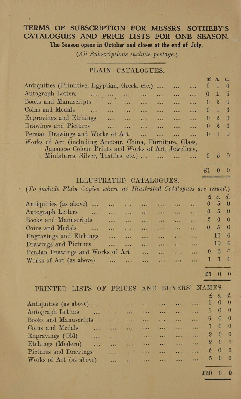 TERMS OF SUBSCRIPTION: FOR MESSRS. SOTHEBY’S . CATALOGUES AND PRICE LISTS FOR ONE SEASON. The Season opens in Octcber and closes at the end of July. (All SNE include ee)   PLAIN CATALOGUES. BS a Antiquities (Primitive, Egyptian, Greek, etc.) ... is ha) Autograph Letters Osoiiauece Books and Manuscripts O)7hD kU Coins and Medals a Siae Pata EKngravings and Etchings ea ay Drawings and Pictures ; Ege 3 Persian Drawings and Works of We 2o SU Sere Works of Art (including Armour, China, I ane eer Japanese Colour Prints and Works of Art, J owellery, » Miniatures, Silver, Textiles, etc.) .. : O Seat)   ILLUSTRATED CATALOGUES. (To include Plain Copies where no Illustrated Catalogues are issued.)  Fr Sa. Antiquities (as above) ... i Peiriges f Autograph Letters iar, 3 Books and Manuscripts Rasen) Coins and Medals PME rer et i iO het oe AE Hnpravings and Wtehings 7 .- -)2 52. ee 10 6 Drawings and Pictures c ibe aan Py lo 166 Persian Drawings and Works of Art &lt;i eee Rec ac Os caesee Works of Art (as above) pies aes £574 0 0 PRINTED LISTS OF PRICES AND BUYERS’ NAMES. B80. Antiquities (as above) .. 2220.7 0 Autograph Letters Peat) Books and Manuscripts G--0 20 Coins and Medals his Eat) Hngravings (Old) wi O Kitchings (Modern) SE ie Pictures and Drawings Aiea th. FAS Works of Art (as above) pel. 0 th cw) So oO —)