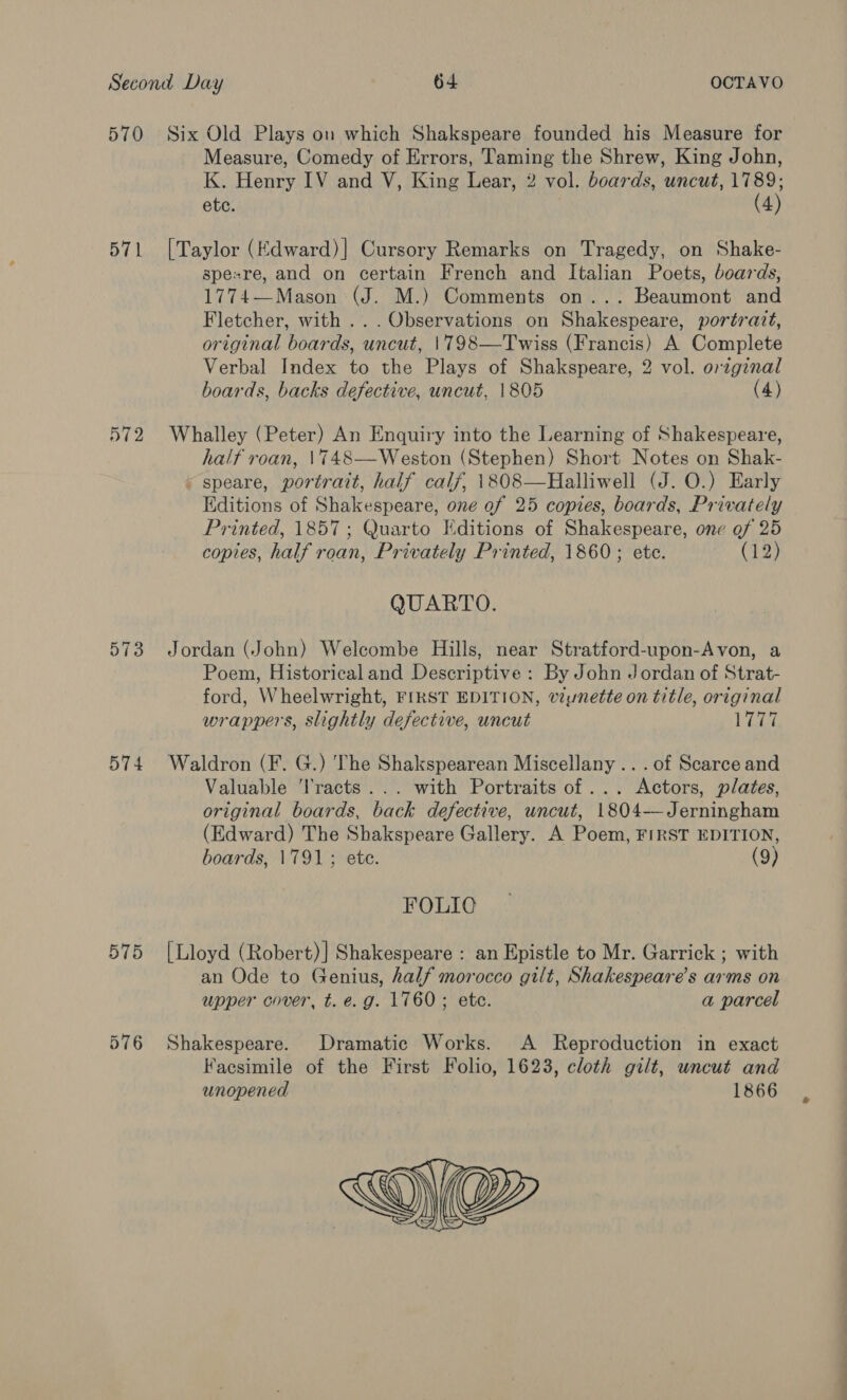 571 573 574 575 Measure, Comedy of Errors, Taming the Shrew, King John, K. Henry IV and V, King Lear, 2 vol. boards, uncut, 1789; etc. (4) [Taylor (Edward)| Cursory Remarks on Tragedy, on Shake- spesre, and on certain French and Italian Poets, boards, 1774—Mason (J. M.) Comments on... Beaumont and Fletcher, with .. . Observations on Shakespeare, portratt, original boards, uncut, |798—Twiss (Francis) A Complete Verbal Index to the Plays of Shakspeare, 2 vol. orzginal boards, backs defective, uncut, 1805 (4) Whalley (Peter) An Enquiry into the Learning of Shakespeare, half roan, \748—Weston (Stephen) Short Notes on Shak- ~ speare, portrait, half calf, 1808—Halliwell (J. O.) Early Editions of Shakespeare, one ef 25 copies, boards, Privately Printed, 1857; Quarto Editions of Shakespeare, one of 25 copies, half roan, Privately Printed, 1860; ete. (12) QUARTO. Jordan (John) Welcombe Hills, near Stratford-upon-Avon, a Poem, Historical and Descriptive : By John Jordan of Strat- ford, Wheelwright, FIRST EDITION, viynette on title, original wrappers, slightly defective, uncut KGa Waldron (F. G.) The Shakspearean Miscellany .. . of Scarce and Valuable l'racts... with Portraits of ... Actors, plates, original boards, back defective, uncut, 1804—Jerningham (Edward) The Shakspeare Gallery. A Poem, FIRST EDITION, boards, 1791; ete. (9) FOLIO [Lloyd (Robert)] Shakespeare : an Epistle to Mr. Garrick ; with an Ode to Genius, half morocco gilt, Shakespeare’s arms on upper cover, t. e.g. 1760; ete. a parcel Shakespeare. Dramatic Works. A Reproduction in exact Facsimile of the First Folio, 1623, cloth gilt, uncut and unopened 1866 