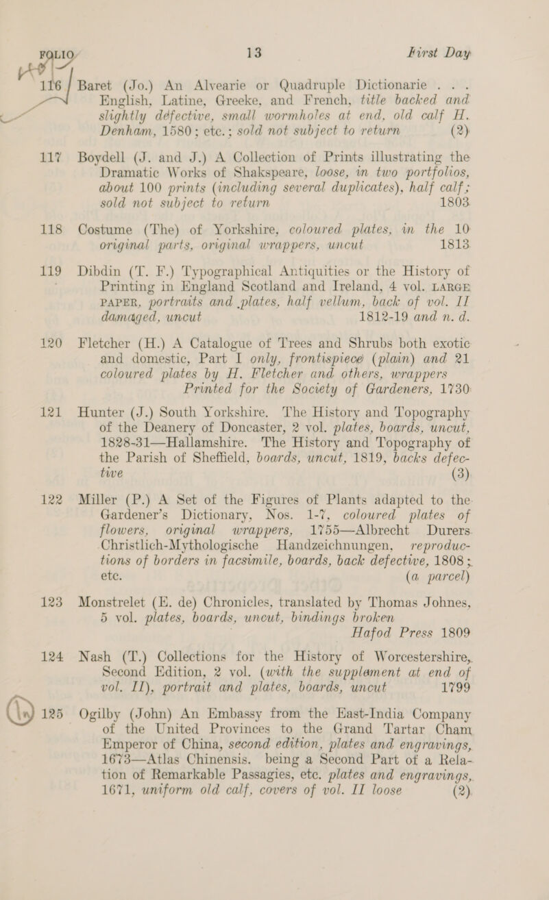\ oO x hirst Day Ps ea 117 118 119 120 121 122 123 124 (\) 125 English, Latine, Greeke, and French, title backed and slightly défectwe, small wormholes at end, old calf H. Denham, 1580; ete.; sold not subject to return (2) Dramatic Works of Shakspeare, loose, in two portfolios, about 100 prints (including several duplicates), half calf ; sold not subject to return 1803. original parts, original wrappers, uncut 18123 Printing in England Scotland and Ireland, 4 vol. LARGE PAPER, portraits and plates, half vellum, back of vol. II damaged, uncut 1812-19 and n. d. and domestic, Part I only, frontispiece (plain) and 21 coloured plates by H. Fletcher and others, wrappers Printed for the Society of Gardeners, 1730: of the Deanery of Doncaster, 2 vol. plates, boards, uncut, 1828-31—Hallamshire. The History and Topography of the Parish of Sheffield, boards, uncut, 1819, backs defec- tive (3) Gardener’s Dictionary, Nos. 1-7, coloured plates of flowers, original wrappers, 17%55—Albrecht Durers. tions of borders in facsimile, boards, back defectiwe, 1808 ; etc. (a parcel) 5 vol. plates, boards, uncut, bindings broken Hafod Press 1809 Second Edition, 2 vol. (with the supplament at end of vol. IL), portrait and plates, boards, uncut 1799 of the United Provinces to the Grand Tartar Cham Emperor of China, second edition, plates and engravings, 1673—Atlas Chinensis. being a Second Part of a Rela- tion of Remarkable Passagies, etc. plates and engravings, 1671, uniform old calf, covers of vol. II loose (2).