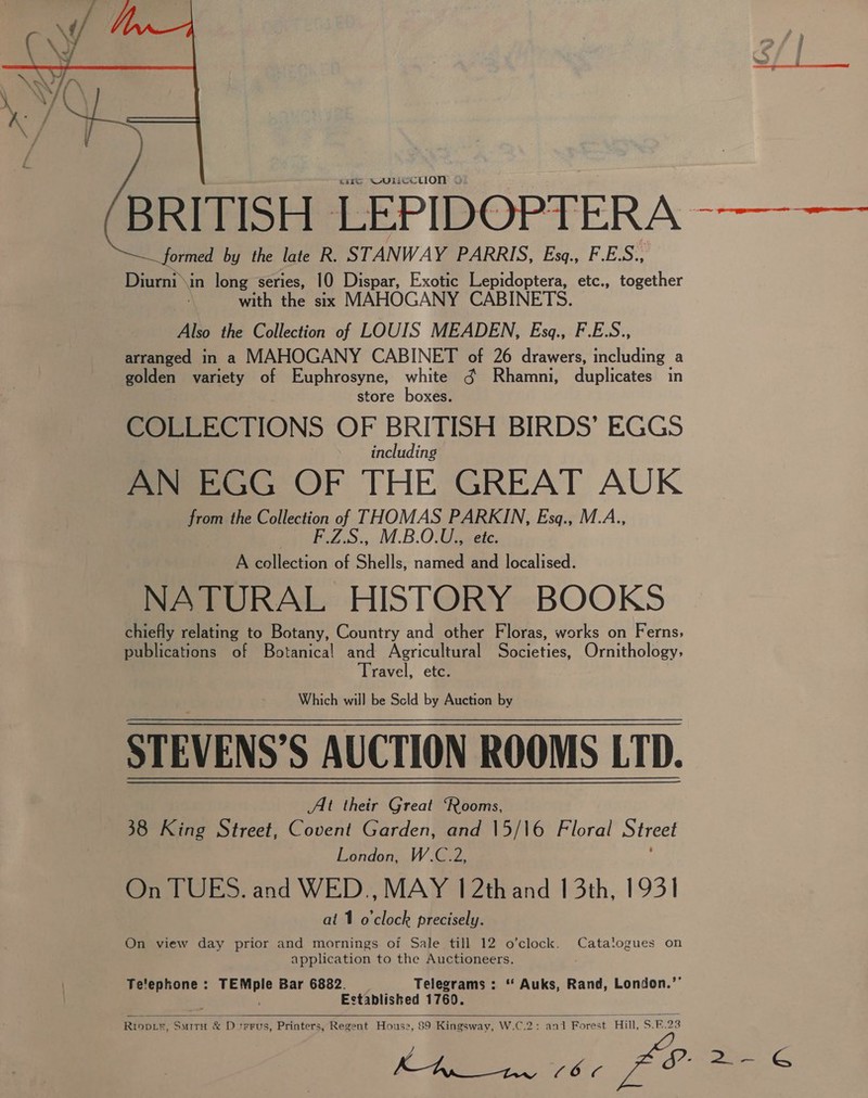  care WUlccrtion oO BRITISH LEPIDOPTERA -—--—— formed by the late R. STANWAY PARRIS, Esq., F.E.S., Diurni\in long series, 10 Dispar, Exotic Lepidoptera, etc., together with the six MAHOGANY CABINETS. Also the Collection of LOUIS MEADEN, Eszq., F.E.S., arranged in a MAHOGANY CABINET of 26 drawers, including a golden variety of Euphrosyne, white 3g Rhamni, duolieaies in store boxes. COLLECTIONS OF BRITISH BIRDS’ EGGS including AN EGG OF THE GREAT AUK from the Eahection LE THOMAS PARKIN, Esq., M.A., , M.B.0.U., etc. A eS ee oe. named and localised. NATURAL HISTORY BOOKS chiefly relating to Botany, Country and other Floras, works on Ferns, publications of Botanical and Agricultural Societies, Ornithology, Travel, etc. Which will be Scld by Auction by STEVENS’S AUCTION ROOMS LTD. Alt their Great ‘Rooms, 38 King Street, Covent Garden, and \5/1\6 Floral Street London, W.C.2, On TUES. and WED., MAY 1 2thand 13th, 1931 al 1 o'clock precisely. On view day prior and mornings of Sale till 12 o’clock. Catalogues on application to the Auctioneers. Te'ephone : Lone Bar 6882. Telegrams : ‘‘ Auks, Rand, London.’’ Established 1760. Rriopir, SuirH &amp; Dsrrus, Printers, Regent House, 89 Kingsway, W.C.2: ani Forest Hill, S.F.23 (tes, £O RC  