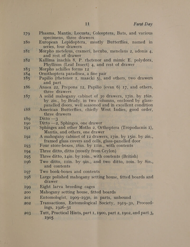 Phasma, Mantis, Locusta, Coleoptera, Bats, and various specimens, three drawers European Lepidoptera, mostly Butterflies, named in _ series, four drawers and rest of drawer Kallima inachis 8, P. rhetenor and mimic E. polydora, Phyllium (Leaf Insect) 4, and rest of drawer Morpho achilles forms 12 Ornithoptera paradisea, a fine pair Papilio (rhetenor I, maacki 5), and others, two drawers and part Anaea 22, Prepona 12, Papilio (evan 6) 17, and others, three drawers A solid mahogany. cabinet of 30 drawers, 17in. by 16in. by 2in., by Brady, in two columns, enclosed by glass- panelled doors, well seasoned and in excellent condition American Butterflies, chiefly West Indies, good order, three drawers Ditto —3 Ditto —2, Sphinges, one drawer Sphinges and other Moths 2, Orthoptera (Tropodacnis 1), Mantis, and others, one drawer A mahogany cabinet of 12 drawers, 17in. by 15in. by 2in., framed glass covers and cells, glass-panelled door Four store-boxes, 16in. by 11in., with contents Three ditto, 14in. by roin., with contents (British) Two ditto, 11in. by gin., and two ditto, roin. by 8in., and contents Two book-boxes and contents Large polished mahogany setting house, fitted boards and drawer HKight larva breeding cages Mahogany setting house, fitted boards Entomologist, Ig09-1930, in parts, unbound Transactions, Entomological Society, 1919-30, Proceed- ings, 1926-31 Tutt, Practical Hints, part I, 1900, part 2, 1902, and part 3, 4995