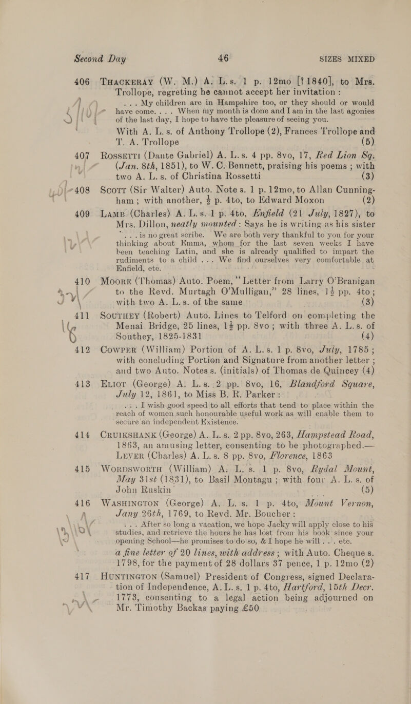 SIZES MIXED 413 414 415 Trollope, regreting he cannot accept her invitation : . My children are in Hampshire too, or they should or would have come... . When my month is done and I am in the last agonies of the last day, I hope to have the pleasure of seeing you. With A. L.s. of Anthony Trollope (2), Frances ‘Trollope and T. A. Trollope (5) (Jan. 8th, 1851), to W. C. Bennett, praising his poems ; with two A. L.s. of Christina Rossetti (3) Scotrr (Sir Walter) Auto. Notes. 1 p.12mo,to Allan Cunning- ham: with another, 4 p. 4to, to Edward Moxon (2) Lame. (Charles) A. L.s. 1 p. 4t0, Enfield (21 July, 1827), to Mrs. Dillon, neatly mounted : Says he is writing as his sister ..is no great scribe. We are both very thankful to you for your thinking about Kmma, whom for the last seven weeks I have been teaching Latin, and she is already qualified to impart the rudiments to a child ... We find ourselves very comfortable at Enfield, ete. ze Moore (Thomas) Auto. Poem, “Letter from Larry O’Branigan to the Revd. Murtagh O’Mulligan,” 28 lines, 14 pp. 4to; with two A. L.s. of the same © (3) SouTHEY (Robert) Auto. Lines to Telford on ‘completing the Menai Bridge, 25 lines, 14 pp. 8vo; with three A. L.s. of Southey, 1825-1831 (4) Cowper (William) Portion of A. L.s. 1 p. 86, July, W785; with concluding Portion and Signature from another letter ; and two Auto. Notes s. (initials) of Thomas de Quincey (4) Evior (George) A. L.s..2 pp. 8vo, 16, Blandford Square, July 12, 1861, to Miss B. R. Parker: . I wish aaa speed to all efforts that tend to place within the ~reach of women such honourable useful work as will enable them to secure an independent Existence. CRUIKSHANK (George) A. L.s. 2 pp. 8vo, 263, Hampstead Road, 1863, an amusing letter, consenting to be photographed.— Lever (Charles) A. L.s. 8 pp. 8vo, Florence, 1863 Worpswortu (William) A: L. s..1 p. 8vo, Rydal Mount, May 31st (1831), to Basil Montagu ; Sa four A. L.s. of John Ruskin’ (5) WASHINGTON (George) A. L. s. 1 p. 4to, Mount Vernon, Jany 26th, 1769, to Revd. Mr. Boucher: . After so long a vacation, we hope Jacky will apply close to ees Studies, and retrieve the hours he has lost from his book since your opening School—he promises to do so, &amp; I hope he will. . . ete. a fine letter of 20 lines, with address ; with Auto. Cheque s. 1798, for the payment of 28 dollars 37 pence, 1 p. 12mo (2) HUuNTINGTON (Samuel) President of Congress, signed Declara- tion of Independence, A.L.s. 1 p. 4to, Hartford, 15th Decr. 1773, consenting to a legal action being adjourned on Mr. Timothy Backas paying £50