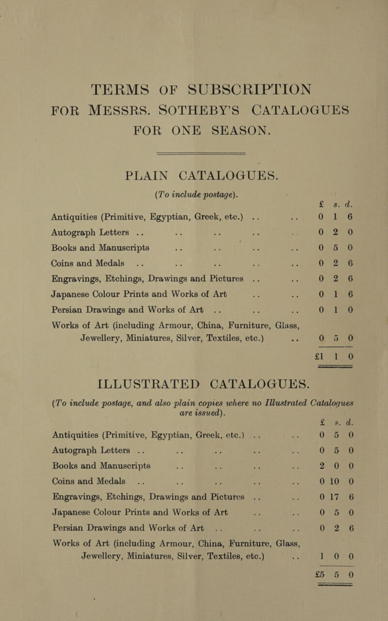 FOR MESSRS. SOTHEBY’S CATALOGUES FOR ONE SEASON. PLAIN CATALOGUES. (T'o include postage). oy Antiquities (Primitive, Egyptian, Greek, etc.) Autograph Letters .. Books and Manuscripts Coins and Medals Engravings, Etchings, Drawings and Pictures Japanese Colour Prints and Works of Art oo oO 97 Oo 9 8 &amp; ~ me Dt HN oO NW — @ COO DO Oo Persian Drawings and Works of Art Works of Art (including Armour, China, Furniture, Glass, Jewellery, Miniatures, Silver, Textiles, etc.) is Oo 5 GO ILLUSTRATED CATALOGUES. (T'o include postage, and also plain copies where no Illustrated Cataloques are issued). 5 ee Antiquities (Primitive, Egyptian, Greek, etc.) 0 ee Autograph Letters . 07 aseu Books and Manuscripts 2s Ohi Coins and Medals .. 4a 3; i a Os taig Engravings, Etchings, Drawings and Pictures 017 6 Japanese Colour Prints and Works of Art 0 0 Persian Drawings and Works of Art es oe 0 6 Works of Art (including Armour, China, Furniture, Glass, Jewellery, Miniatures, Silver, Textiles, etc.) Ke Le iy