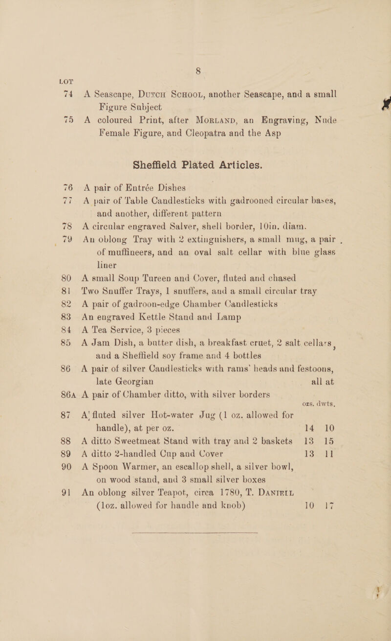 S6A A Seascape, DurcH ScHoot, another Seascape, and a small A coloured Print, after Morntanp, an Engraving, Nude Female Figure, and Cleopatra and the Asp Sheffield Plated Articles. A pair of Entrée Dishes A pair of Table Candlesticks with gadrooned circular bases, and another, different pattern A circular engraved Salver, shell border, 10in. diam. of muffineers, and an oval salt cellar with biue glass liner A small Soup Tureen and Cover, fluted and chased Two Snuffer Trays, 1 snuffers, aud a small circular tray A pair of gadroon-edge Chamber Candlesticks An engraved Kettle Stand and Lamp A Tea Service, 3 pieces and a Sheffield soy frame and 4 bottles A pair of silver Candlesticks with rams’ heads and festoons, late Georgian all at A pair of Chamber ditto, with silver borders ozs. dwts, A’ fluted silver Hot-water Jug (1 oz. allowed for handle), at per oz. — 14 10 A ditto Sweetmeat Stand with tray and 2 baskets 13 15 A ditto 2-handled Cup and Cover 13 11 A Spoon Warmer, an escallop shell, a silver bowl, on wood stand, and 3 small silver boxes An oblong silver Teapot, circa 1780, T. DANIBLL (loz. allowed for handle and knob) 100-15  bed