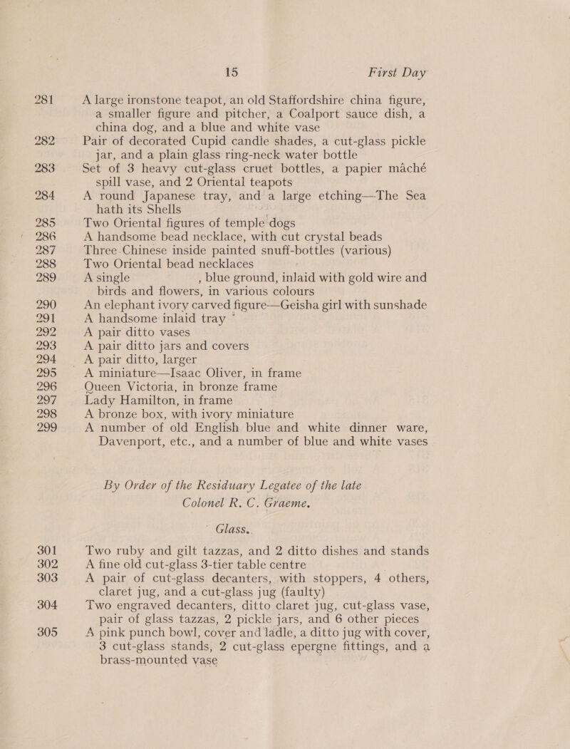301 302 303 304 305 15 First Day A large ironstone teapot, an old Staffordshire china figure, a smaller figure and pitcher, a Coalport sauce dish, a china dog, and a blue and white vase Pair of decorated Cupid candle shades, a cut-glass pickle jar, and a plain glass ring-neck water bottle Set of 3 heavy cut-glass cruet bottles, a papier maché spill vase, and 2 Oriental teapots A round Japanese tray, and a large etching—The Sea hath its Shells ; Two Oriental figures of temple dogs A handsome bead necklace, with cut crystal beads Three Chinese inside painted snuff-bottles (various) Two Oriental bead necklaces A single , blue ground, inlaid with gold wire and birds and flowers, in various colours An elephant ivory carved figure—Geisha girl with sunshade A handsome inlaid tray © A pair ditto vases A pair ditto jars and covers A miniature—Isaac Oliver, in frame Oueen Victoria, in bronze frame Lady Hamilton, in frame A bronze box, with ivory miniature A number of old English blue and white dinner ware, Davenport, etc., and a number of blue and white vases By Order of the Restduary Legatee of the late Colonel R. C. Graeme, ' Glass.,. Two ruby and gilt tazzas, and 2 ditto dishes and stands A fine old cut-glass 3-tier table centre A pair of cut-glass decanters, with stoppers, 4 others, claret jug, and a cut-glass jug (faulty) Two engraved decanters, ditto claret jug, cut-glass vase, pair of glass tazzas, 2 pickle jars, and 6 other pieces A pink punch bowl, cover and ladle, a ditto jug with cover, 3 cut-glass stands, 2 cut-glass epergne fittings, and a brass-mounted vase