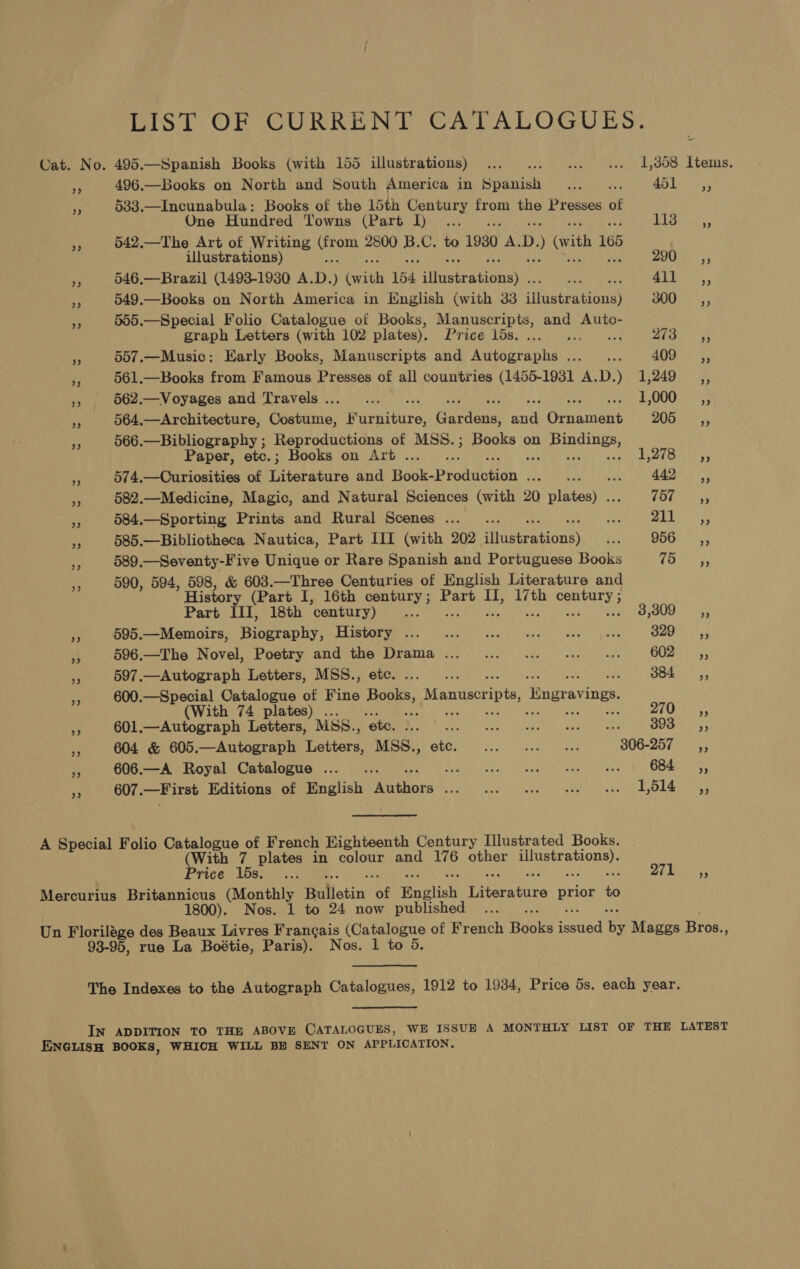 LIST OF CURRENT CALTALOGUES. Cat. No. 495.—Spanish Books (with 155 illustrations) ... sia iaoe KACO A LOUIS, re 496.—Books on North and South America in Bouck Meat 451, oe 533.—Incunabula: Books of the 15th Century from the Presses of One Hundred Towns (Part I)... . Bloes ay 542.—The Art of Writing vee 2800 ie C. to 1930 A. D. (with 165 illustrations) 290. ,; 3 546.—Brazil (1493-19380 A. D. ) Coit 154 sfinsteationils ip Soret. 549.—Books on North America in English (with 33 Miata Fn 48 Gh 555.—Special Folio Catalogue of Books, Manuscripts, and Auto- graph Letters (with 102 plates). Price lds. ... Bho he - 557.—Music: Early Books, Manuscripts and AeGerephan, dba eee 409°, oF, 561.—Books from Famous Presses of all countries (1455-1931 A.D. ; 1,249 __—,, i 562.—Voyages and Travels... ... EUG SS): 564.—Architecture, Costume, Seenairy, Gardens. hid Ciiuent 2055, 566.—Bibliography ; Reproductions of MSS.; Books on ues iy Paper, etc.; Books on Art... . 1978.5. - 574.—Curiosities of Tileratee and Honkseroaienen degre tee ae ET fe 582.—Medicine, Magic, and Natural Sciences (with 20 mince TOPE a 584.—Sporting Prints and Rural Scenes ..._.. wes SERS 585.—Bibliotheca Nautica, Part III (with 202 teste bons) a gato 3, ERS 589.—Seventy-Five Unique or Rare Spanish and Portuguese Books 7h Seer 590, 594, 598, &amp; 603.—Three Centuries of English Literature and History (Part I, 16th century; Part II, 17th Gapaians Part III, 18th century) is 3,309, 595.—Memoirs, Biography, History’... ... 0... see nee ae 329°); as 596.—The Novel, Poetry and the Drama... ... ... «+ 6028); AF 597.—Autograph Letters, MSS., etc. ... ... 384 _—C,, “p 600.—Special Catalogue of Fine Hoa Mg ae its Bngra A (With 74 plates) . 270_—Co*u,, a 601.—Autograph Letters, } MSS., ‘ete. Py eae eg Ae LON 393 ,, e 604 &amp; 605.—Autograph Letters, MSS. a ae Lr ae he 306-257 43 7 606.—A Royal Catalogue ..._.. ba Woe eee yeaa aig ates Me Sana NSS 684, 607. —First Editions of English Aithors bioeeycu hich pathey eons che ED Raunt A Special Folio Catalogue of French Highteenth Century Illustrated Books. (With 7 plates in Sey and 176 other eee Adee Price 15s. ... ye SUS AS Mercurius Britannicus (Monthly Bulletin of English Dikeraiure aa PS 18 Nos. 1 to 24 now published ; Un Florilége des Beaux Livres Frangais (Catalogue of French Rooks Pened ms Maggs Bros. ee 93-95, rue La Boétie, Paris). Nos. 1 to 5, The Indexes to the Autograph Catalogues, 1912 to 1934, Price 5s. each year. IN ADDITION TO THE ABOVE CATALOGUES, WE ISSUB A MONTHLY LIST OF THE LATEST ENGLISH BOOKS, WHICH WILL BE SENT ON APPLICATION,