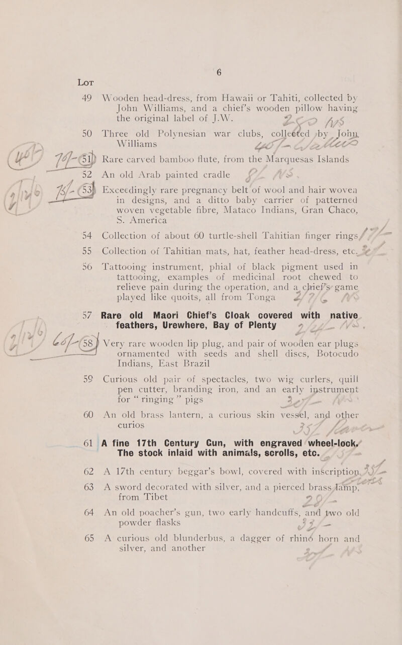 60 61 62 63 64 65 Wooden head-dress, from Hawaii or Tahiti, collected by John Williams, and a chiet’s wooden pillow having thevoreinali label, ois, ey, VS i> \ Three old Polynesian war ius colleéted by John Williams 6 AS oe) Sx Rare carved bamboo flute, from the adeno fence An old Arab painted cradle Exceedingly rare pregnancy belt of wool and hair woven in designs, and a ditto baby carrier of patterned woven vegetable fibre, Mataco Indians, Gran Chaco, Sr imerics Collection of about 60 turtle-shell Tahitian finger rings Collectionset.lahitian, mats, shateatearner head-dress, etc Tattooing instrument, phial of black pigment used in tattooing, examples of medicinal root chewed to relieve pain during the operation, and a, chief’ s game played like quoits, all from Tonga Z Rare old Maori Chief’s Cloak covered with pate feathers, Urewhere, Bay of Plenty Y, J Very rare wooden lip plug, and pair of w noteh ear plugs ornamented with seeds and shell discs, Botocudo Indians, East Brazil Curious old pair of spectacles, two wig curlers, quill pen cutter, branding iron, and an early instrument fOljpemtineine «pic's 3 > | Aim Old) brass lantern a curious ‘Skin vessel, and other curios a4 é A fine 17th Century Cun, with engraved wheel-lock, The stock inlaid with animals, scrolls, etc. | A sword decorated with silver, and a pierced brass lamp, from Tibet ” An old poacher’s gun, two early handcuffs, an two old powder flasks 49 /_- { 2 rs - A curious old blunderbus, a dagger of rhiné horn and silver, and another