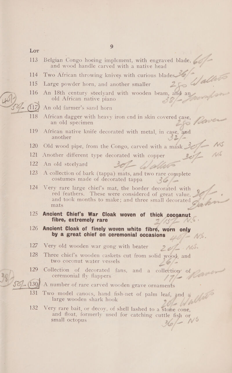 is 114 15 116 2D) 118 119 120 A ais 123 124 £25  9 Belgian Congo hoeing implement, with engraved blade, gw and wood handle carved with a native head ~» ; Of / a Two African throwing knives with curious blades.@ ‘ | fo) 4 fe De Large powder horn, and another smaller hb Cen W — \ An 18th century steelyard with wooden beam, and an, old African native piano SD foam An old farmer’s sand horn African dagger with heavy iron end in skin covered case, gf an old specimen Efo je African native knife decorated with metal, in case, and another Ié/= Pp : ; A oD. AAS Old wood pipe, from the Congo, carved with a mask 7 , Another different type decorated with copper 3e an vs An old steelyard JeoL-— Al ahklr A collection of bark (tappa) mats, and two rare complete costumes made of decorated tappa Sto f= Very rare large chief’s mat, the border decorated with , 4» ae be red feathers. These were considered of great value, | ¢ ‘ and took months to make; and three small decorated (7. A mats Seed hie Ancient Chief's War Cloak woven of thick ee Me fibre, extremely rare > Ancient Cloak of finely woven white fibre, worn only by a great chief on ceremonial occasions .. ifs. Very old wooden war gong with beater 2 of. Ye WSS Three chief's wooden caskets cut from solid Me E and two coconut water vessels / @/- Collection of decorated fans, and a collection’ of , ceremonial fly flappers SD ha f A number of rare carved wooden grave ornaments a model canoes, hand fish-net of palm leaf, and large wooden shark hook ® 4 Very rare bait, or decoy, of shell lashed to a ee cone, and float, formerly used Tor Catching cuttle Heh Or | small octopus , - W? A lo