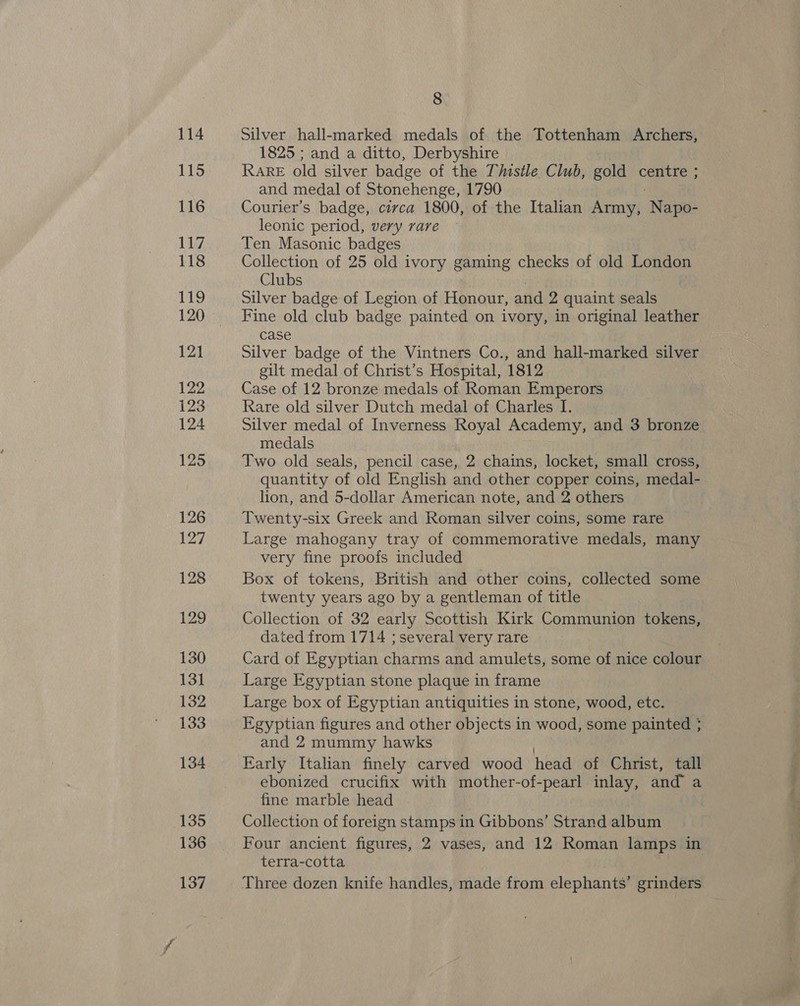 114 115 116 117 118 119 120 121 122 123 124 125 126 127 128 129 130 13] 132 133 134 135 136 137 8 Silver hall-marked medals of the Tottenham Archers, 1825 ; and a ditto, Derbyshire RARE old silver badge of the Thistle Club, gold centre ; and medal of Stonehenge, 1790 Courier’s badge, circa 1800, of the Italian Arise Napo- leonic period, very rare Ten Masonic badges Collection of 25 old ivory gaming checks of old London Clubs Silver badge of Legion of Honour, and 2 quaint seals Fine old club badge painted on ivory, in original leather case Silver badge of the Vintners Co., and hall-marked silver gilt medal of Christ’s Hospital, 1812 Case of 12 bronze medals of Roman Emperors Rare old silver Dutch medal of Charles I. Silver medal of Inverness Royal Academy, and 3 bronze medals Two old seals, pencil case, 2 chains, locket, small cross, quantity of old English and other copper coins, medal- lion, and 5-dollar American note, and 2 others Twenty-six Greek and Roman silver coins, some rare Large mahogany tray of commemorative medals, many very fine proofs included Box of tokens, British and other coins, collected some twenty years ago by a gentleman of title Collection of 32 early Scottish Kirk Communion tokens, dated from 1714 ; several very rare Card of Egyptian charms and amulets, some of nice colour Large Egyptian stone plaque in frame Large box of Egyptian antiquities in stone, wood, etc. Egyptian figures and other objects in wood, some painted } and 2 mummy hawks Early Italian finely carved wood head of Christ, tall ebonized crucifix with mother-of-pearl inlay, and’ a fine marble head Collection of foreign stamps in Gibbons’ Strand album Four ancient figures, 2 vases, and 12 Roman lamps in terra-cotta