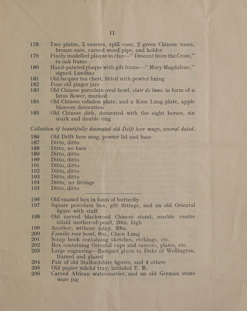 178 179 180 181 182 183 184 185 il Two plates, 2 saucers, spill vase, 2 green Chinese vases, bronze vase, carved wood pipe, and holder Finely modelled plaque in clay—‘“ Descent from the Cross,”’ in oak frame Hand-painted plaque with gilt frame—‘‘ Mary Magdalene,”’ signed Landino Old lacquer tea chest, fitted with pewter lining Four old ginger jars Old Chinese porcelain oval bowl, clair de lune, in form of a lotus flower, marked Old Chinese celadon plate, anda Kien Lung plate, apple blossom decoration Old Chinese dish, decorated with the eight horses, six mark and double ring 186 187 188 189 190 191 192 193 194 195 196 IDR 198 199 200 201 202 203 204 205 206 Old Delft beer mug, pewter lid and base Ditto, ditto Ditto, no base Ditto, ditto Ditto, ditto Ditto, ditto Ditto, ditto Ditto, ditto Ditto, no fittings Ditto, ditto  Old enamel box in form of butterfly Square porcelain box, gilt fittings, and an old Oriental figure with staff Old carved blackwood Chinese stand, marble centre inlaid mother-of-pearl, 20in. high Another, without inlay, 20in. Famulle rose bowl, 6in., Chien Lung Scrap book containing sketches, etchings, etc. Box containing Oriental cups and saucers, plates, etc. Large engraving—Banquet given to Duke of Wellington, framed and glazed Pair of old Staffordshire figures, and 4 others Old papier maché tray, initialed E. B. Carved African water-carrier, and an old German stone ware jug