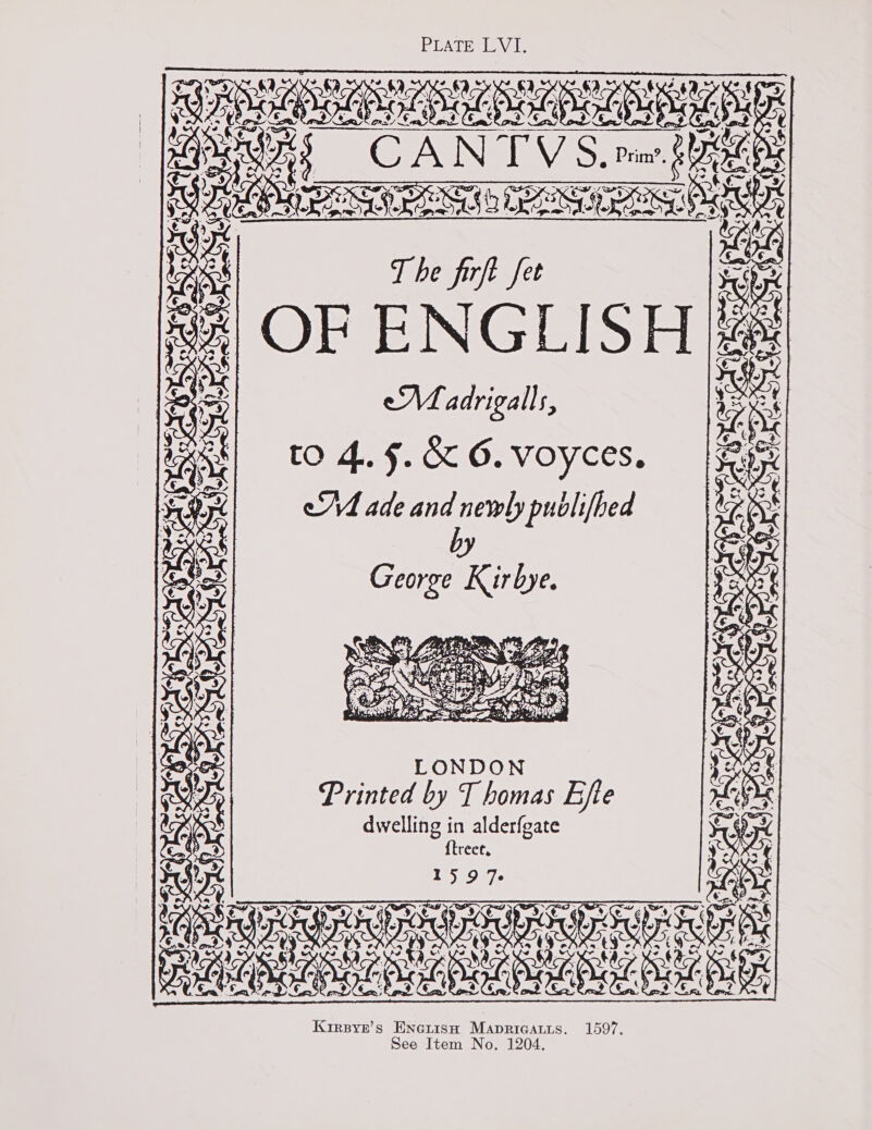 aa ee SS] The fir fet a g2| OF ENGLISH i Madrigalls, oe to 4.5. &amp; 6. voyces. cA ade sas newly puolifbed Ay, wl K irbye. oe LONDON Printed by T homas Efte dwelling in alderfgate {treet,  Kirpyr’s EnauisH Mapricatis. 1597. See Item No. 1204.