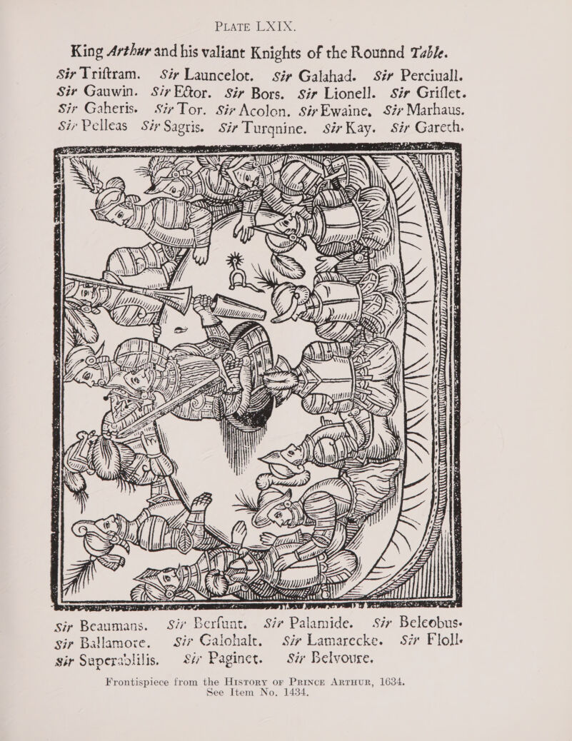 Peare XTX, King Arthyr and his valiant Knights of the Rounnd Table. Sir Triftram. Sir Launcelot. sir Galahad. Sir Perciuall. Sir Gauwin. SirE&amp;or. Sir Bors. Sir Lionell. Sir Griflet. Sir Gaheris. Sir Tor. Six Acolon. SivEwaine, Sir Marhaus. Si Pelleas Sir bie Sir ae Sir sth Sir Gareth. Va sees ao NWS y iS ue? S SKS C72 AF, y enh Ed = Vir) S22) @: Ts Y nn : caress 4 @ os Seeger “ ae &gt; ne Lise a Spare TNT TIVE -_ a ~_— =~ =a eee ee SSC A \\ 0 AUANTRLUUATTARR TURE TTI CUTLER OAC 77071779 PND &gt; cin hs (As ae   | uN eG &gt; Z , byyeipie Af , Y : sir Beaumans. i Batene Sir Pal aie: Sir Pee sir Ballamoze. Sir Galohale. Six Lamarecke. Sir Flolle Sir Saperaplilis. See Paginct. Siv Belvoure. Frontispiece from the History or PRINcE ARTHUR, 1634. See Item No. 1434.