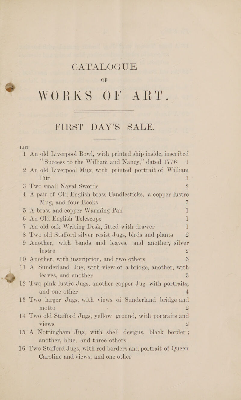 « CATADOGRE OF We4o dite Ou OE And,   FIRST DAYS Salhi. b An old Liverpool Bowl, with printed ship inside, inscribed “Success to the William and Nancy,” dated 1776 1 An old Liverpool Mug, with printed portrait of William Pitt 1 Two small Naval Swords 2 A pair of Old English brass Candlesticks, a copper lustre Mug, and four Books 7 A brass and copper Warming Pan iE An Old English Telescope 1 An old oak Writing Desk, fitted with drawer 1 Two old Stafford silver resist Jugs, birds and plants 2 Another, with bands and leaves, and another, silver lustre 2 Another, with inscription, and two others 3 A Sunderland Jug, with view of a bridge, another, with leaves, and another 3 Two pink lustre Jugs, another copper Jug with portraits, and one other 4 Two larger Jugs, with views of Sunderland bridge and motto 2 Two old Stafford Jugs, yellow ground, with portraits and views 2 A Nottingham Jug, with shell designs, black border ; another, blue, and three others Two Stafford Jugs, with red borders and portrait of Queen Caroline and views, and one other