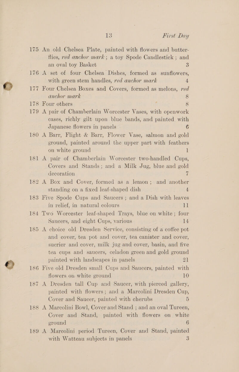180 181 186 £87 188 189 13 first Day An old Chelsea Plate, painted with flowers and butter- flies, red anchor mark ; a toy Spode Candlestick ; and an oval toy Basket 3 A set of four Chelsea Dishes, formed as sunflowers, with green stem handles, red anchor mark 4 Four Chelsea Boxes and Covers, formed as melons, red anchor mark 8 Four others 8 cases, richly gilt upon. blue bands, and painted with Japanese flowers in panels 6 A Barr, Flight &amp; Barr, Flower Vase, salmon and gold ground, painted around the upper part with feathers on white ground 1 A pair of Chamberlain Worcester two-handled Cups, Covers and Stands; and a Milk Jug, blue and gold decoration 7 A Box and Cover, formed as a lemon; and another standing on a fixed leaf-shaped dish 4 Five Spode Cups and Saucers ; and a Dish with leaves in relief, in natural colours il Two Worcester leaf-shaped Trays, blue on white; four Saucers, and eight Cups, various 14 A choice old Dresden Service, consisting of a coffee pot and cover, tea pot and cover, tea canister and cover, suerier and cover, milk jug and cover, basin, and five tea cups and saucers, celadon green and gold ground painted with landscapes in panels 2h Five old Dresden smal! Cups and Saucers, painted with flowers on white ground 10 A Dresden tall Cup and Saucer, with pierced gallery, painted with flowers; and a Marcolini Dresden Cup, Cover and Saucer, painted with cherubs 5 A Marcolini Bowl, Cover and Stand ; and an oval Tureen, Cover and Stand, painted with flowers on white ground | 6 A Marcolini period Tureen, Cover and Stand, painted with Watteau subjects in panels 3