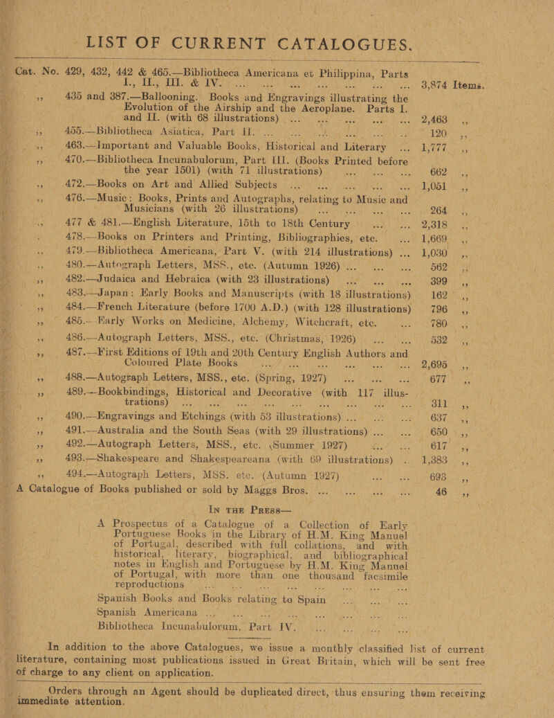 LIST OF CURRENT CATALOGUES. Gat. No. 429, 482, ‘449 &amp; 465. —Bibliotheca Americana et Philippina, Parts ai | N fT, D0. &amp; TV! 3,874 Items. ; ae 435 and 387. toon ie! Hooke, Pas Engravings Aaetbaing tia Ry Evolution of the Airship and the oe cipiene: Parts I.   and I. (with 68 illustrations) © , He Voki A ae a ODER Lies Uy —Bibliotheca Asiatica Part Rl.) 0, ‘ ined LPO: es, &lt; 268, — Important and Valuable Books, Historical and Literary a eens » 470.—Bibliotheca Incunabulorum, Part LIL. (Books eee bee 7 ; - the year 1501) (with 71 illustrations) aes oe OM Rae Ms 472.—Books on Art and Allied Subjects... . LOST os: yy 476. —Musie : Books, Prints and Autographs, folate 16 Music ae ' Musicians (with 26 illustrations) ie ce uis AD OREN ft . 477 &amp; 481. —English Literature, 15th to 18th Conte) wi ae OEY ae 78.—-Books on Printers and Printing, Bibliographies, ete. Hie TO es, 479. — Bibliotheca Americana, Part V. (with 214 Coe, 1030-2), ae 480. —Autograph Letters, MSS., ete. (Autumn 1926) . Pi et BBO He 482.—Judaica and Hebraica (with 23. illustrations) We kee oes sh Oe Ri 483,--Japan: Early Books and Manuscripts (with 18 diacteationsy 162 x 484.-French Literature (before 1700 A.D.) (with 128 illustrations) 796 » | 485.—-Early Works on “Medicine, Alchemy, Witchcraft, ete. as 780. a a 485.—Autograph Letters, MSS., ete. (Christmas, TOQB) ee Lo oe Hoe he: | ps te aes ~-First Editions of 19th and 20th Se Hnallish eh and Wore ts Joloured Plate Books A 2,698 .,,. ,, 488.—Autograph Letters, MSS., etc. (Saris, 1927) SNe uate ue OTT Se » 489.—Bookbindings, Historical and Decorative et inl ce reve trations) .., ‘ BAG lee on op ced oF 490.--Engravings and Biching: Geil 53 “Whaste ee ey OO tes ee s 491.—-Australia and the South Seas (with 29 Mustationss i TOU B;5 oy 492. —Autograph Letters, MSS., etc. ‘Summer 1927) ee oe ABLT! 4a As 493. Shakespeare and Shakespeareana (with 69 illustrations) 10883 fe op 494. —Autograph Letters, MSS. etc. (Autumn 1927) Pate cake 695. ,, A Catalogue of Books published or sold by Maggs ae Ghee ce an a 46 IN THE Paisel A Prospectus of a Catalogue of a Collection of Early — | Portuguese Books in the Library of H.M. King Manuel of Portugal, described with full collations, and with historical, literary, biographical, and bibliogra hical notes in English and Portuguese by HM. King Manvel of Portugal; with more than one thousand “facsimile reproductions Spanish Books and Bake relating fo LAS Spanish Americana ... ... Bibliotheca Incunabulorum, Part iv. oles ee  In addition to the above Catalogues, we issue a monthly classified list of current Be erature, containing most publications issued in Great’ Britain, which will be sent free _ of charge to any client on application.    _, Orders through an Agent should be duplicated direct, ee ensuring them receiving y Epemodiate attention, :