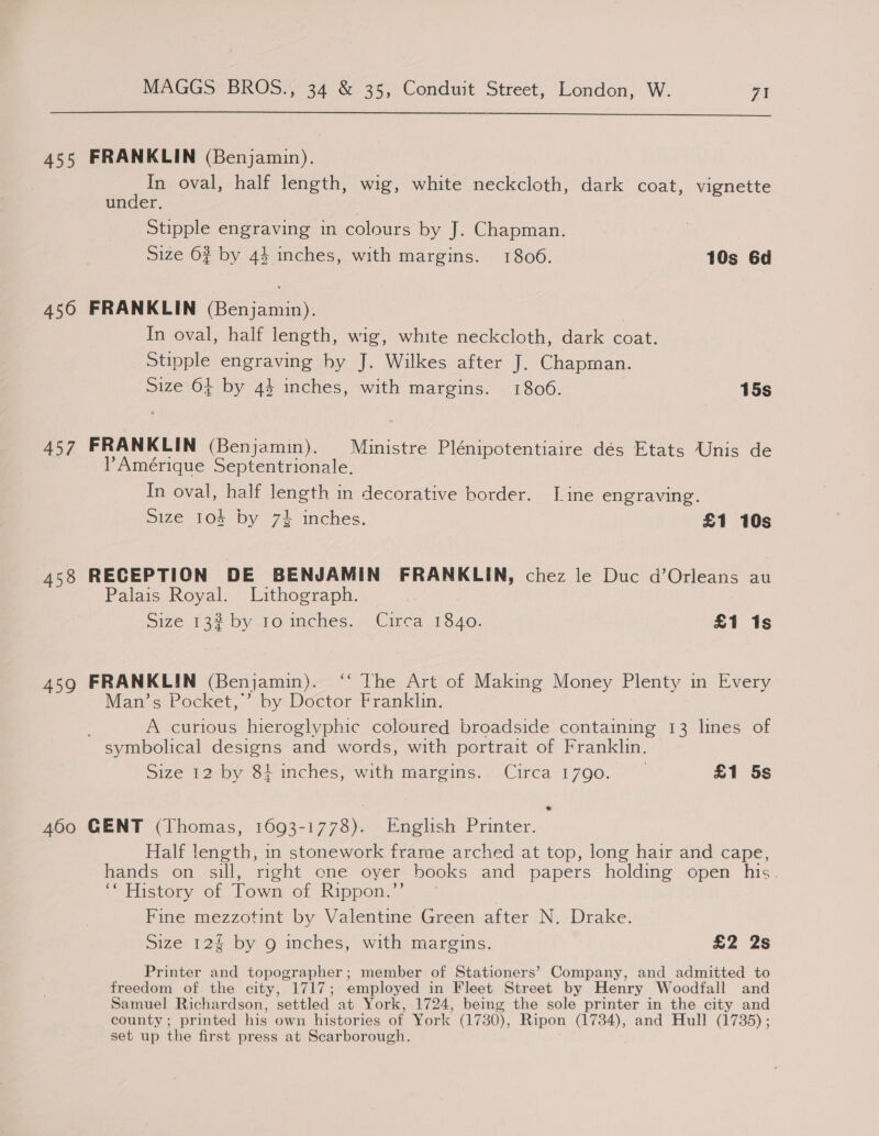  455 FRANKLIN (Benjamin). In oval, half length, wig, white neckcloth, dark coat, vignette under. Stipple engraving in colours by J. Chapman. Size 63 by 44 inches, with margins. 1806. 10s 6d 4560 FRANKLIN (Benjamin). | In oval, half length, wig, white neckcloth, dark coat. Stipple engraving by J. Wilkes after J. Chapman. size 64 by 44 inches, with margins. 1806. 15s 457 FRANKLIN (Benjamin). | Ministre Plénipotentiaire dés Etats Unis de Amérique Septentrionale. In oval, half length in decorative border. Line engraving. Size 104 by 7% inches. £1 10s 458 RECEPTION DE BENJAMIN FRANKLIN, chez le Duc d’Orleans ne Palais Royal. Lithograph. Size 132 by rounches.. Circa 1840. £1 1s 459 FRANKLIN (Benjamin). ‘‘ The Art of Making Money Plenty in Every Man’s Pocket,’’ by Doctor Franklin. A curious hieroglyphic coloured broadside containing 13 lines of symbolical designs and words, with portrait of Franklin. Size 12-by. 84 inches, with margins... Circa 1790. £1 5s 460 GENT (Thomas, 1693-1778). English Printer. Half length, in stonework frame arched at top, long hair and cape, hands on sill, right one oyer books and papers holding open his. “* History of Town of Rippon.’’ Fine mezzotint by Valentine Green after N. Drake. Size 12 by 9 inches, with margins. £2 2s Printer and topographer; member of Stationers’ Company, and admitted to freedom of the city, 1717; employed in Fleet Street by Henry Woodfall and Samuel Richardson, settled at York, 1724, being the sole printer in the city and county ; printed his own histories of York (1730), Ripon (1734), and Hull (1735) ; set up the first press at Scarborough.
