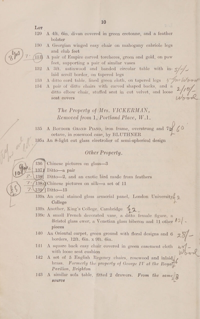  10 129 A 4ft. 6in. divan covered in green ecretonne, and a feather bolster 130 A Georgian winged easy chair on mahogany cabriole legs (18 ) A pair of Empire carved torcheres, green and gold, on paw a feet, supporting a pair of similar vases 1382 A 8dft. satinwood and banded circular table with in- 3/7 - bes 133 A ditto card table, lined green cloth, on tapered legs 4° fA# ii o-eel 134 A pair of ditto chairs with carved shaped backs, and a |e, seat covers Woe, The Property of Mrs. VICKERMAN, vemoved from 1, Portland Place, W.1. 185 A Bovuporr GRAND PIANO, iron frame, overstrung and nf b 2) octave, in rosewood case, by BLUTHNER 3 135a An 8-light cut glass electrolier of semi-spherical design Other Property. Chinese pictures on glass—3 J Ditto—a pair 138{ Ditto—2, and an exotic bird made from feathers a set of 11  1394 An oval stained glass armorial panel, London University! vr] College o 1894 Another, King’s College, Cambridge $9 . 139c A small French decorated vase, a ditto female figure, a ‘Bristol glass ewer, a Venetian glass biberon and 11 other bk? { - pieces 140 An Oriental carpet, green ground with floral designs and 6 2 / ae borders, 12ft. 6in. x 9ft. 6in. 141 A square back easy chair covered in green casement cloth no} ) with loose seat cushion Wowk 142 A set of 5 English Regency chairs, rosewood and inlaid, ~ brass. Formerly the property of George IV at the Royals Pavilion, Brighton 143 A similar sofa table, fitted 2 drawers. From the same Q source “-