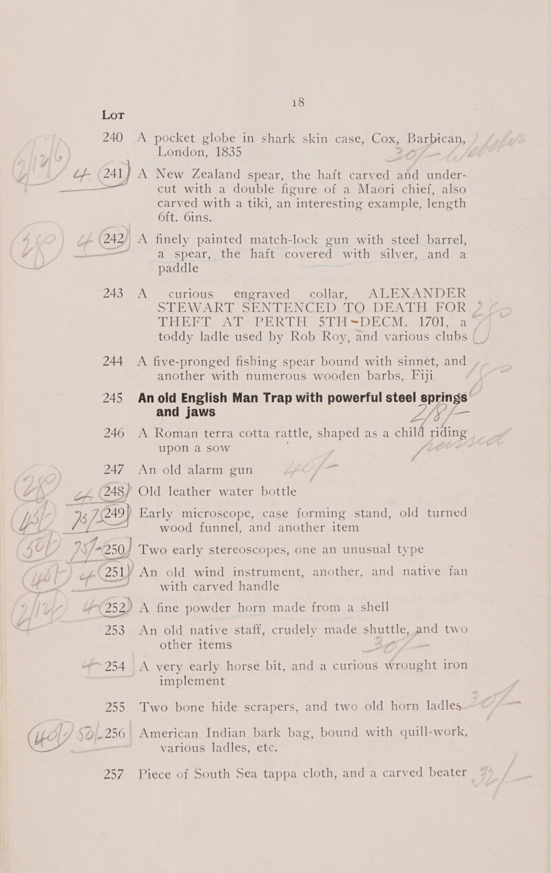 t/- (241 } 242) 243 18 A™pPOCK et lope ™itmenatic skin case son Barbican, London, 1835 2 A New Zealand spear, the haft orca and under- cut with a double figure of a Maori chief, also carved with a tiki, an interesting example, length 6ft. Oins. A finely painted match-lock gun with steel barrel, aespCal seer eartecOVEream wit ims Vet, eaiic ard paddle A curious» >emeraved.: scollarns “Ain XA ER STEWART SENTENCED TO DEATH FOR AEDES Tle ilies Hon Eee leat 1) Ete 7 toddy ladle used by Rob Roy, and various clubs ( fe. A five-pronged fishing spear bound with sinnet, and another with numerous wooden barbs, Fiji An old English Man Trap with powerful steel springs: and jaws oy Wf A Roman terra cotta rattle, shaped as a child riding upon a sow An old alarm gun Old leathers water bottle ' Early microscope, case forming stand, old turned wood funnel, and another item Packie early stereoscopes, one an unusual type An old wind instrument, another, and native fan with carved handle An old native staff, crudely made Salish and two other items A very early horse bit, and a curious Wrought iron implement Two bone hide scrapers, and two old horn ladles American Indian bark bag, bound with quill-work, VanOUcmaAUles sent Piece of South Sea tappa cloth, and a carved beater
