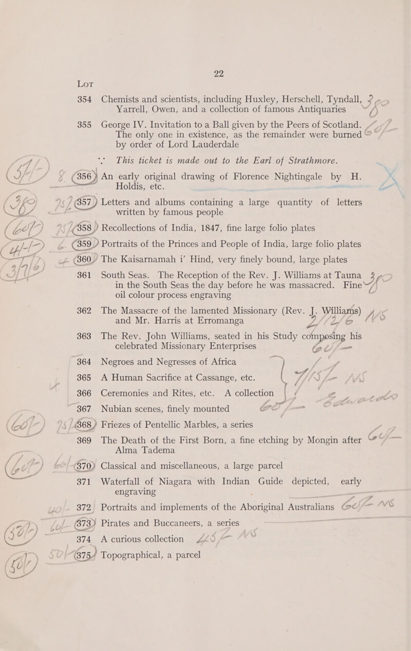 Bort Yarrell, Owen, and a collection of famous Antiquaries 355 George IV. Invitation to a Ball given by the Peers of Scotland. by order of Lord Lauderdale This ticket is made out to the Earl of Strathmore. sc Holdis, etc. written by famous people (358 ) Recollections of India, 1847, fine large folio plates (359) Portraits of the Princes and People of India, large folio plates (360) The Kaisarnamah 1’ Hind, very finely bound, large plates in the South Seas the day before he was massacred. Fine oil colour process engraving 362 The Massacre of the lamented Missionary (Rev. J. ware) and Mr. Harris at Erromanga Lita 363 The Rev. John Williams, seated in his Study composing his celebrated Missionary Enterprises el 364 Negroes and Negresses of Africa f ) Pas } 365 A Human Sacrifice at Cassange, etc. lL J4n f—- fh» 366 Ceremonies and Rites, etc. A collection , 367 Nubian scenes, finely mounted | | ,/ 368) Friezes of Pentellic Marbles, a series 369 The Death of the First Born, a fine etching by Mongin after Alma Tadema (370) Classical and miscellaneous, a large parcel. 371 Waterfall of Niagara with Indian Guide depicted, early engraving 372 Portraits and implements of the Aboriginal Aneealiene (>< 873) Pirates and Buccaneers, a series 374 A curious collection 44 75/ Topographical, a parcel WS -